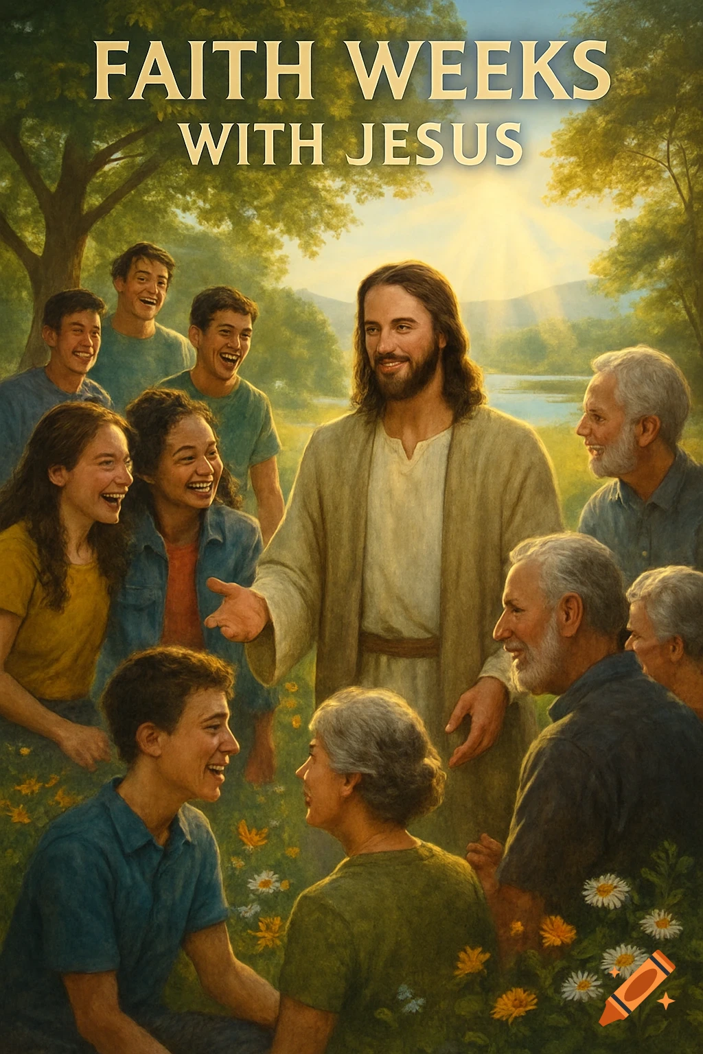 A painting of Jesus with long hair and a beard, smiling and gesturing to a diverse group of joyful people of all ages in a lush outdoor setting with the text "FAITH WEEKS WITH JESUS" above them.