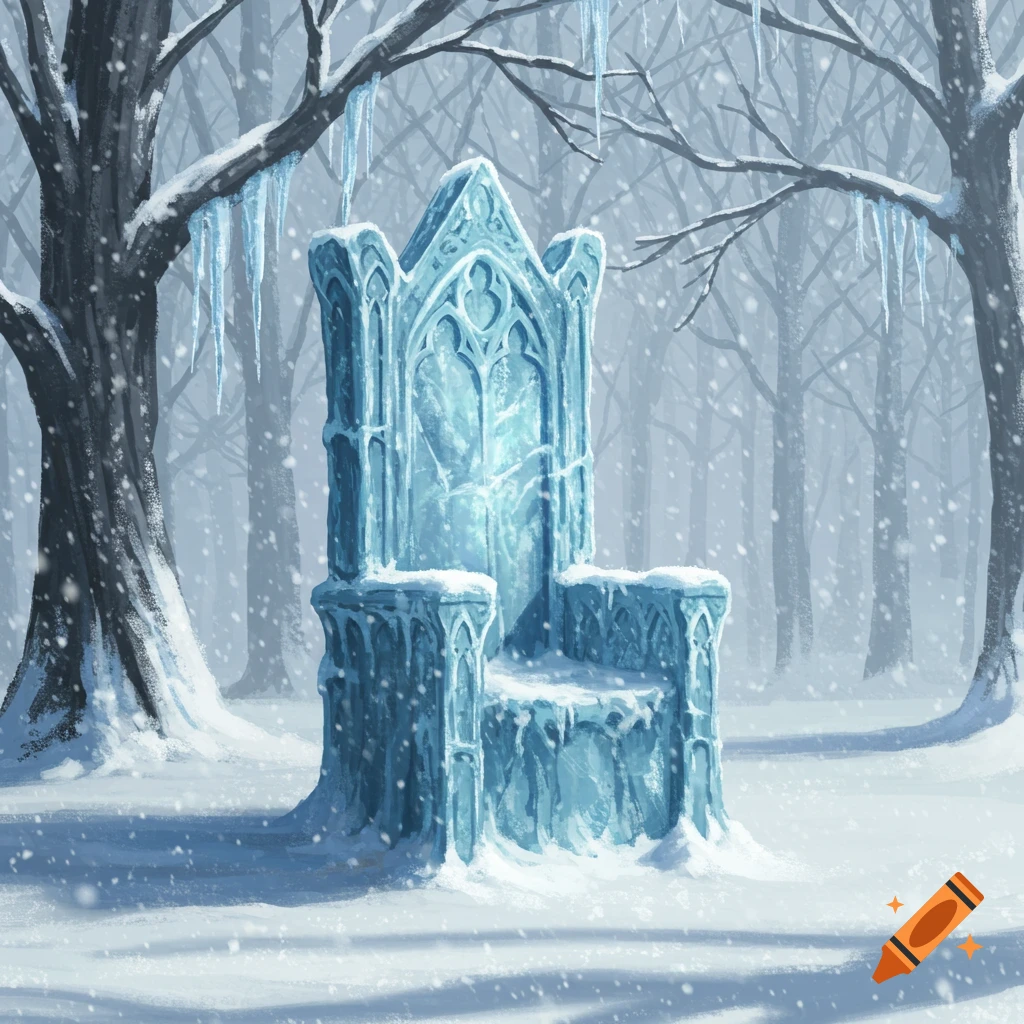 An icy, ornate throne stands in a snowy forest with bare trees and falling snow, in an illustrative style.