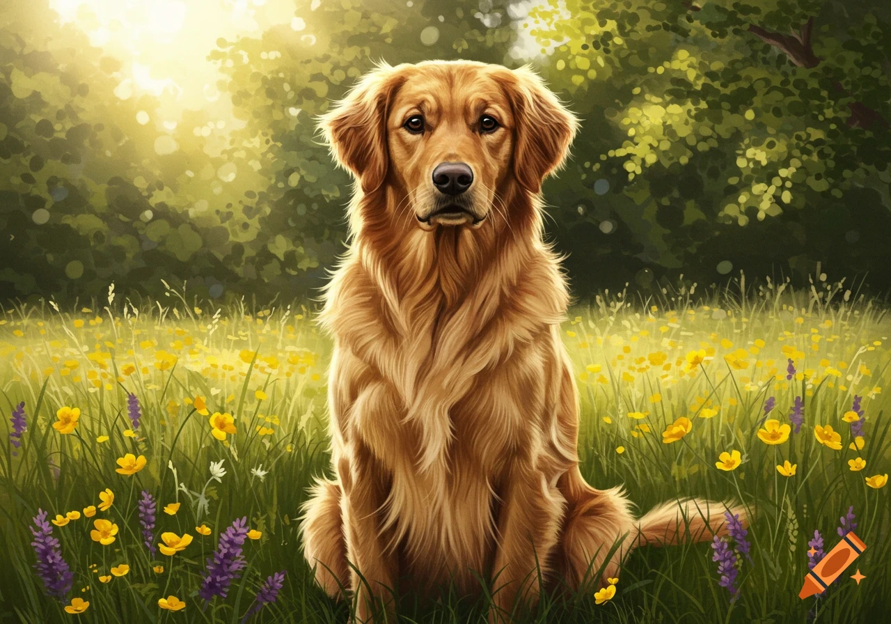 A Golden Retriever dog sitting in a sunny field of yellow and purple wildflowers, rendered in a digital painting style.