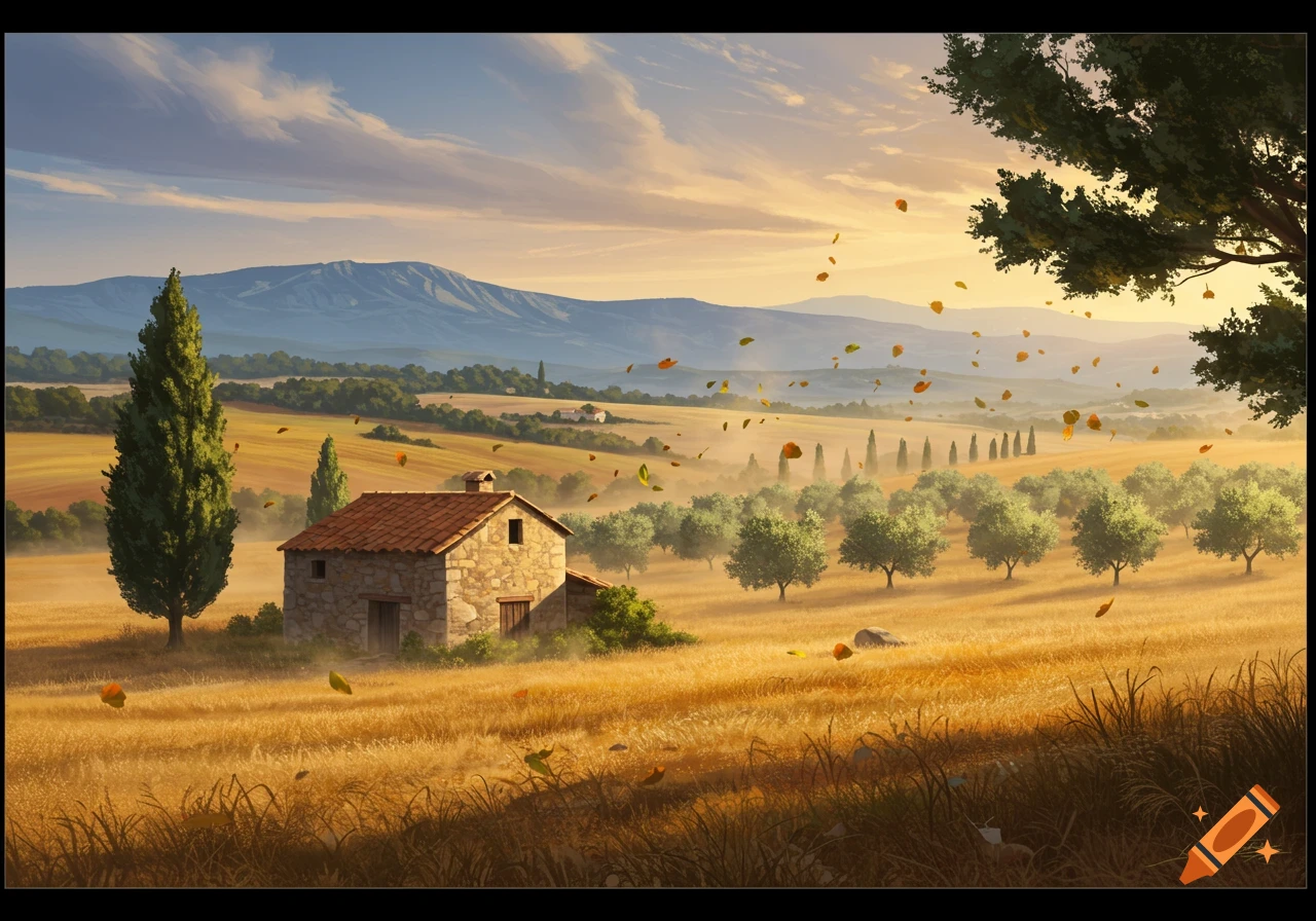 A picturesque stone house with a tiled roof stands in a golden field with cypress and olive trees, mountains in the distance under a sunset sky, with leaves blowing in the wind.