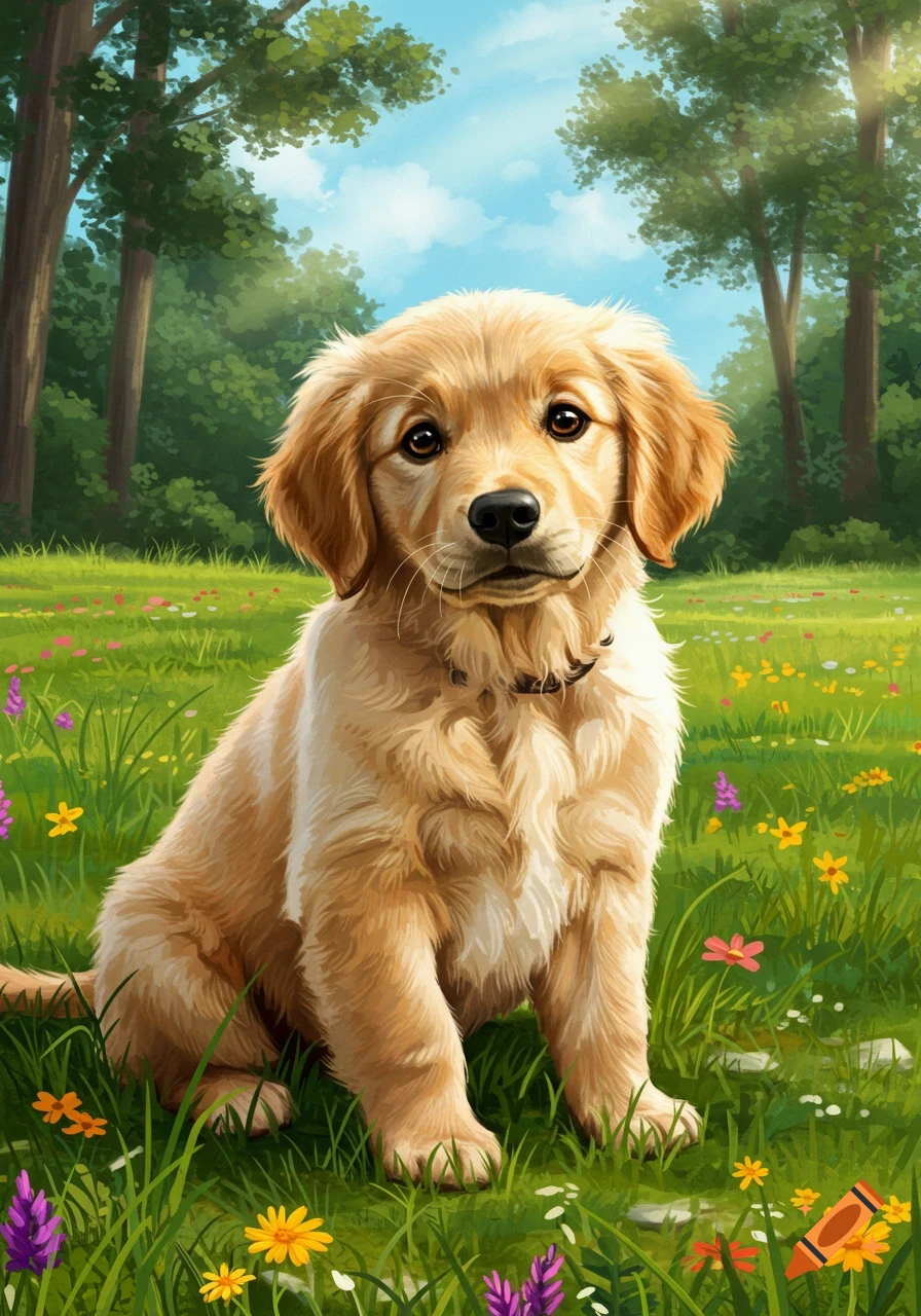 An adorable golden retriever puppy sits in a colorful wildflower meadow with trees and a blue sky, in an illustrative style.
