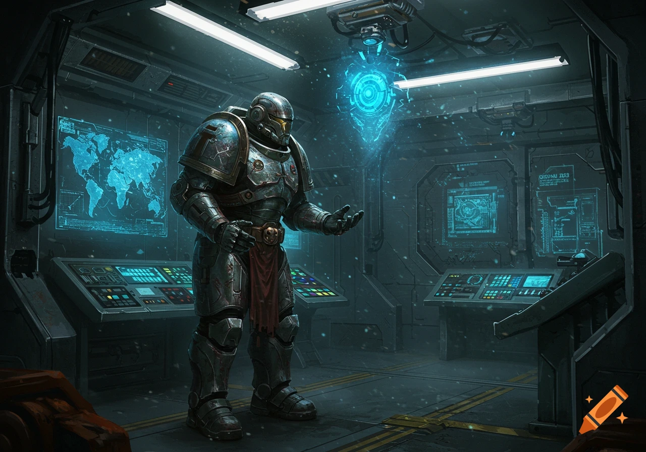 A heavily armored space marine stands in a futuristic control room with glowing blue screens and a holographic projection.