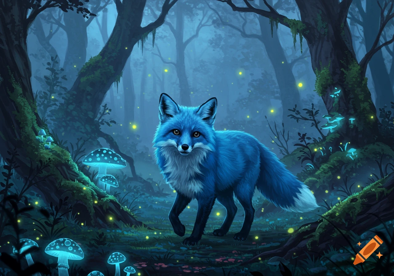 A blue fox with white chest fur walks through a mystical dark forest with glowing blue mushrooms and yellow fireflies, in a fantasy art style.