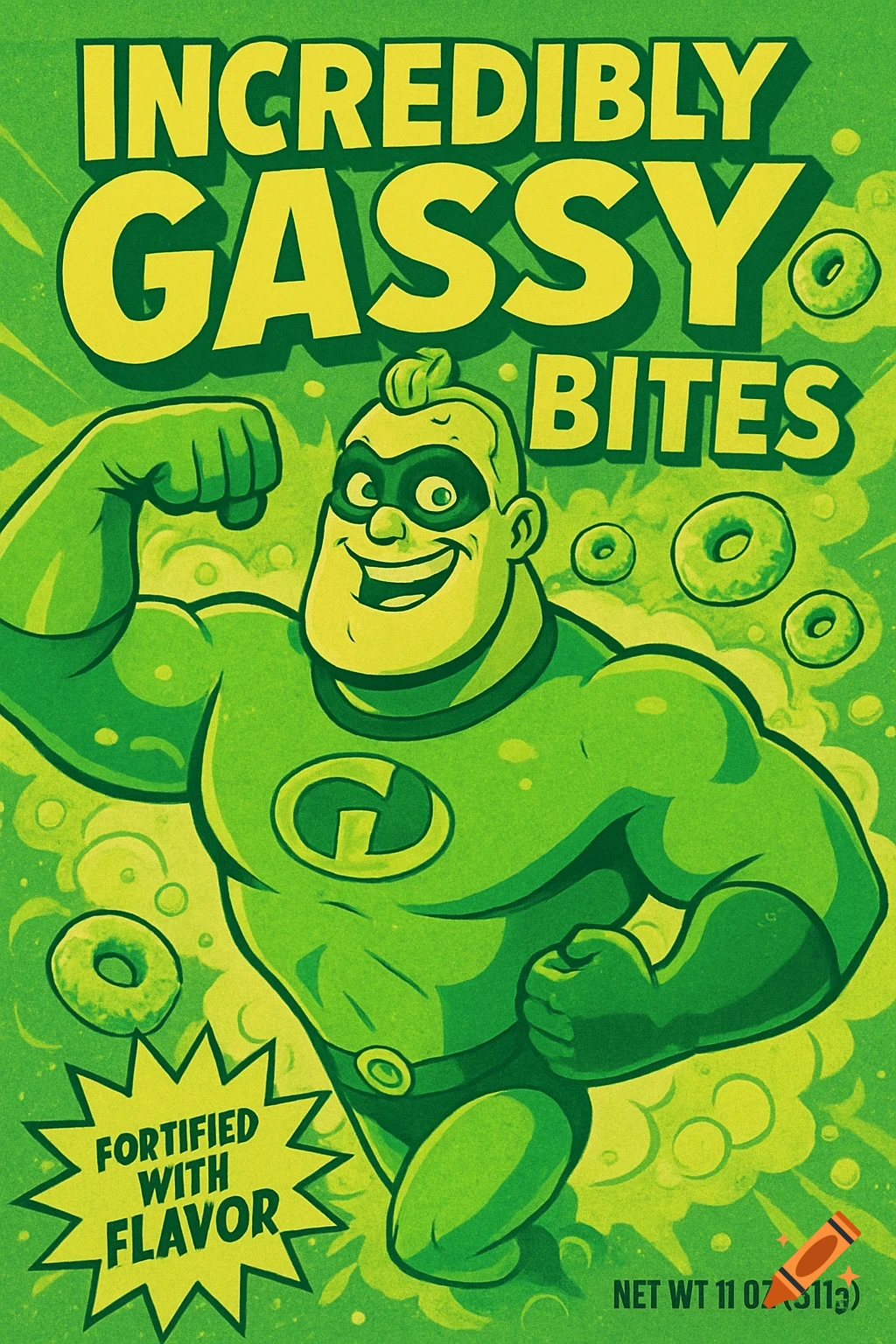 A cartoon cereal box for "Incredibly Gassy Bites" featuring a green, smiling superhero flexing, with cereal pieces floating around.