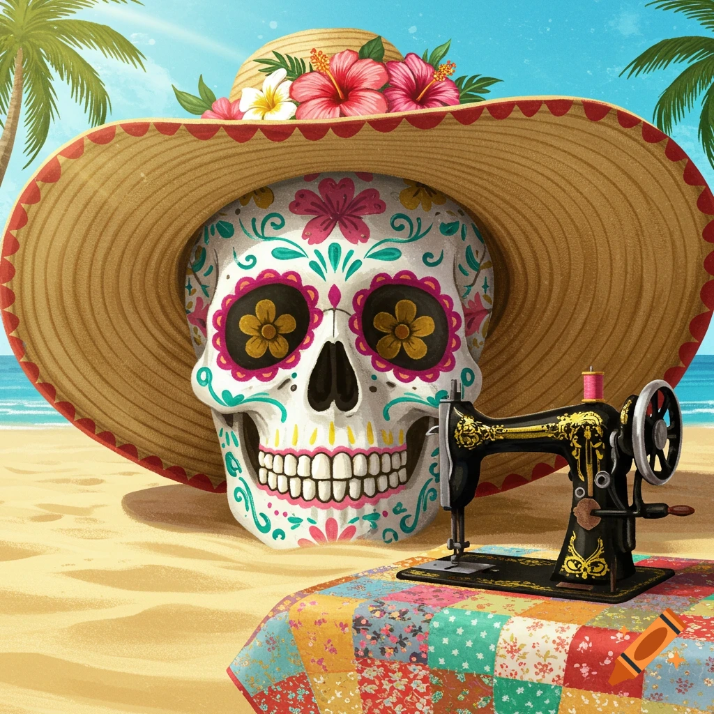 A festive Mexican sugar skull in a floral straw hat sits on a beach next to an antique sewing machine on a patchwork cloth.