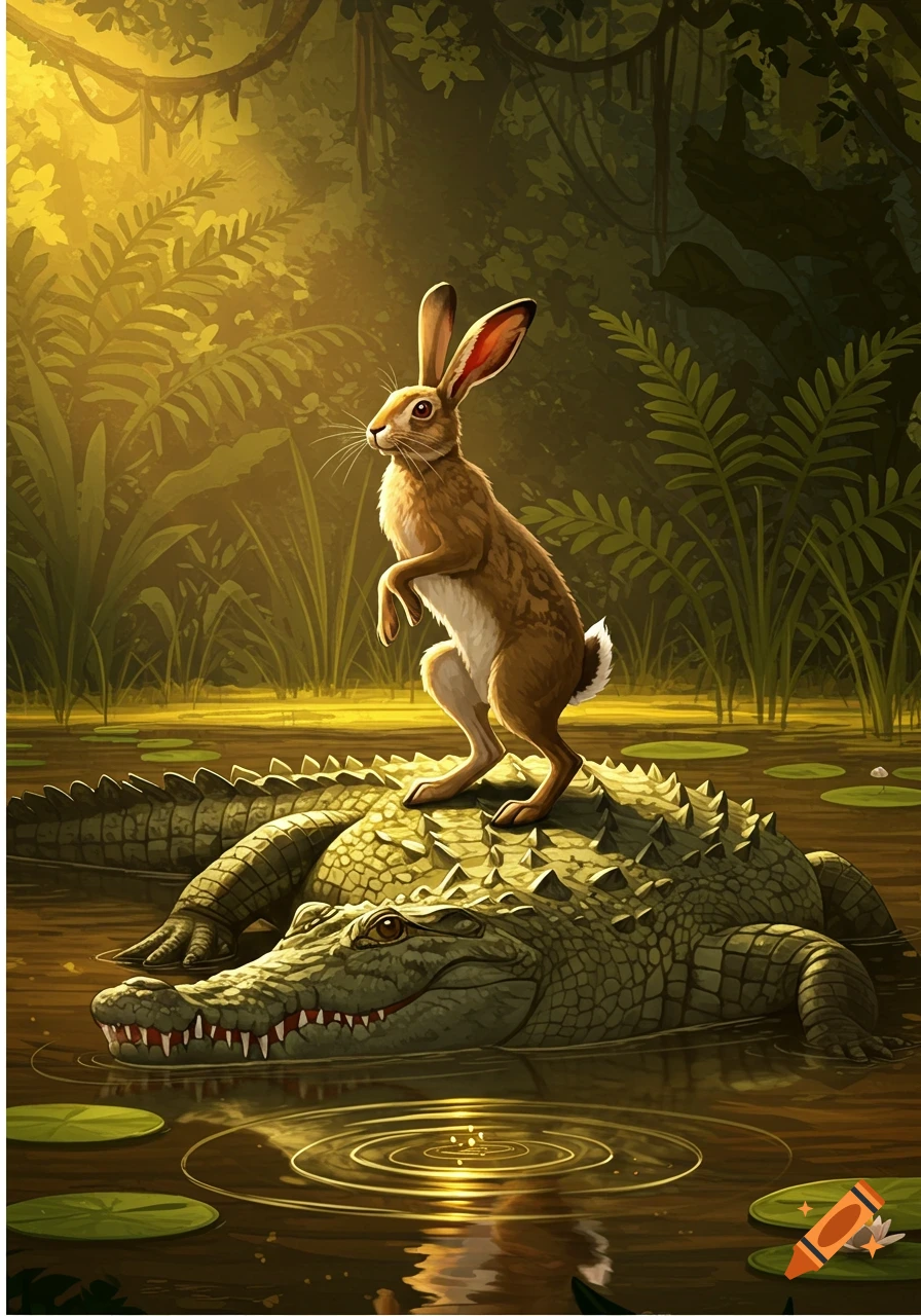 An illustration of a brown rabbit standing on the back of a green crocodile in a sunlit jungle swamp.