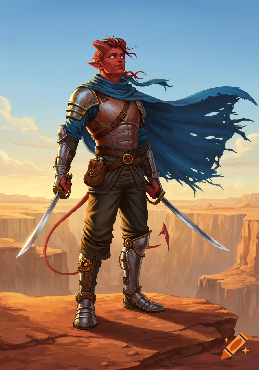 A muscular red-skinned tiefling knight with horns and a tail, wearing armor, a blue tattered cape, and steampunk boots, holding two sabers while standing on a cliff overlooking a desert canyon.