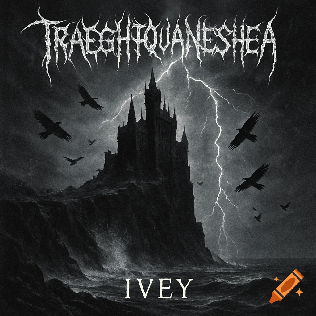 Dark gothic castle on a cliff with a stormy sea, lightning, and flying crows in black and white album art. Text "TRAEGHTQUANESHEA" and "IVEY".