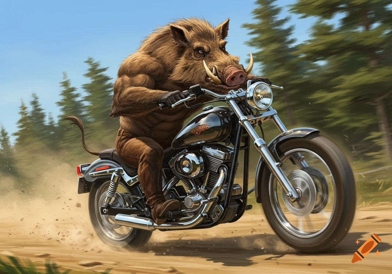 A muscular wild boar rides a motorcycle on a dirt road through a forest on a sunny day, illustrated in a dynamic style.