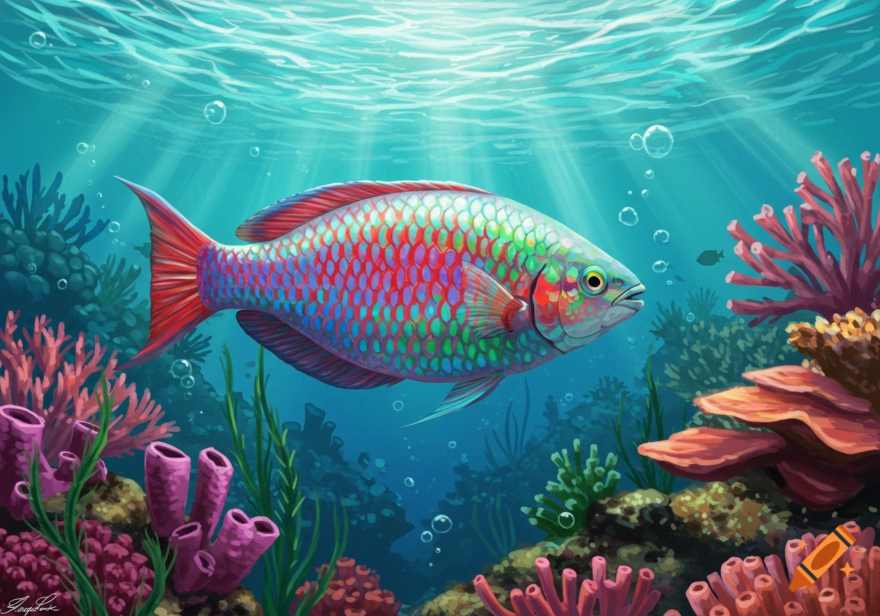 A vibrant rainbow-colored fish with red and green scales swims in a sunlit coral reef filled with colorful corals.