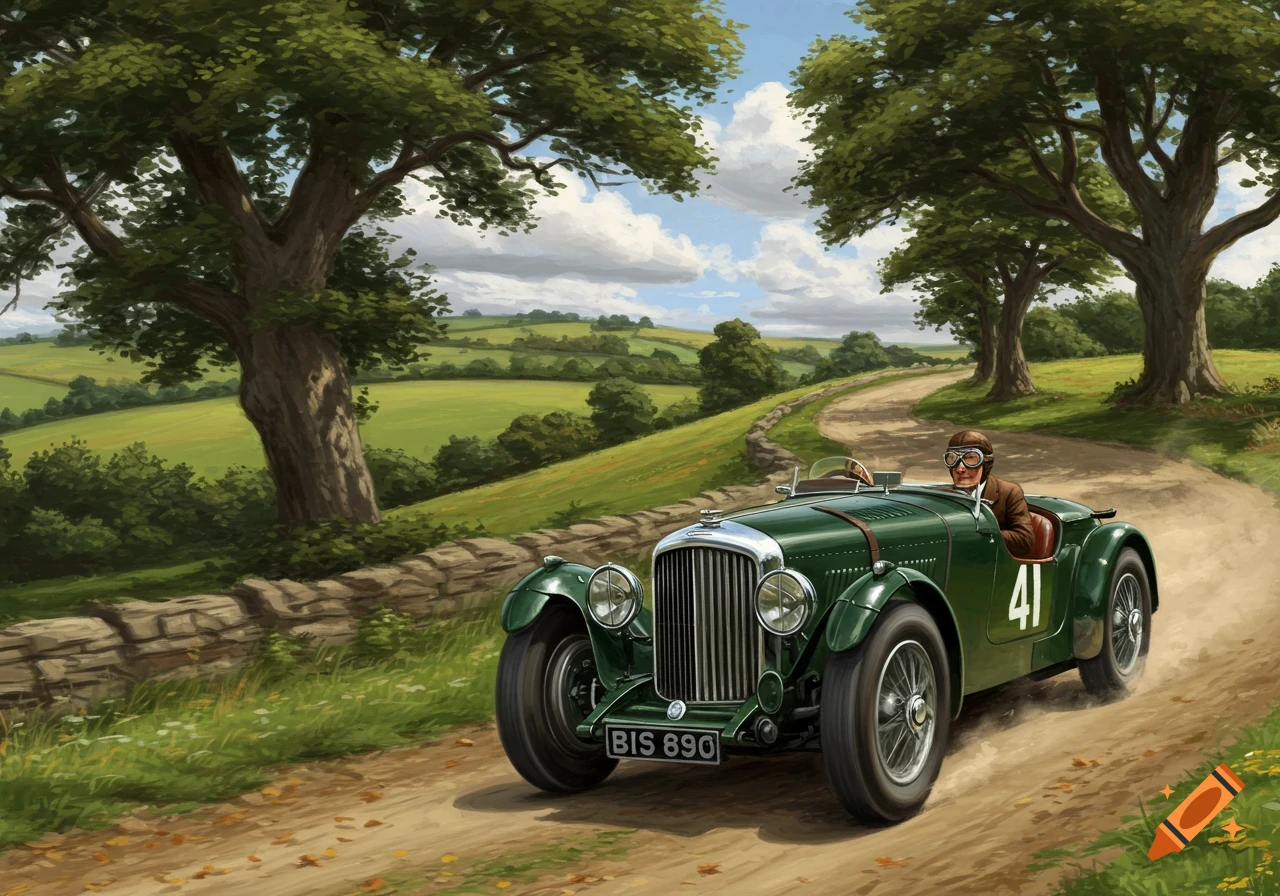 Illustrative painting of a man driving a green vintage Bentley Blower car on a dirt road in a green countryside.