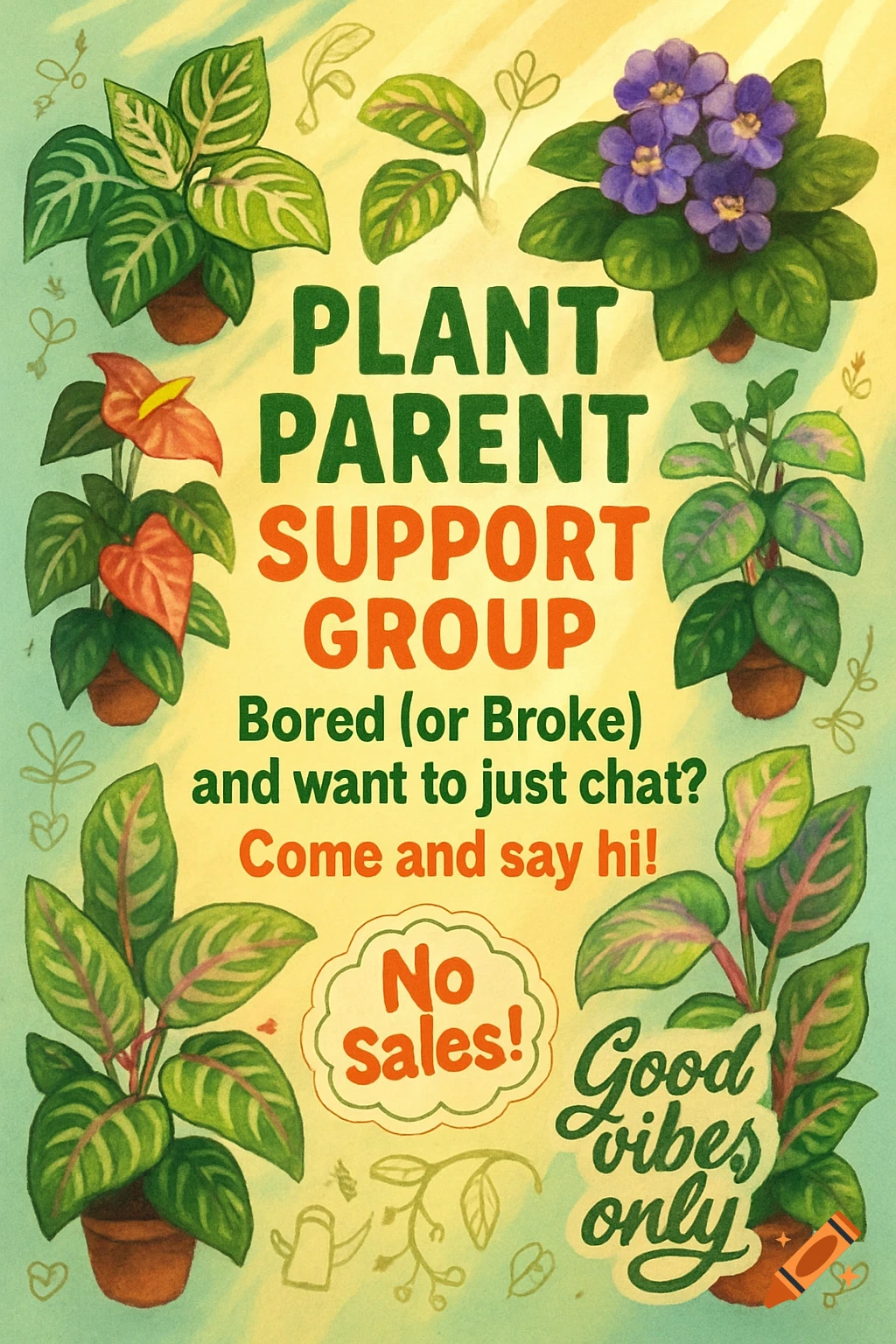 An illustrative flyer for a 'Plant Parent Support Group' featuring potted plants and text about chatting, no sales, and good vibes.