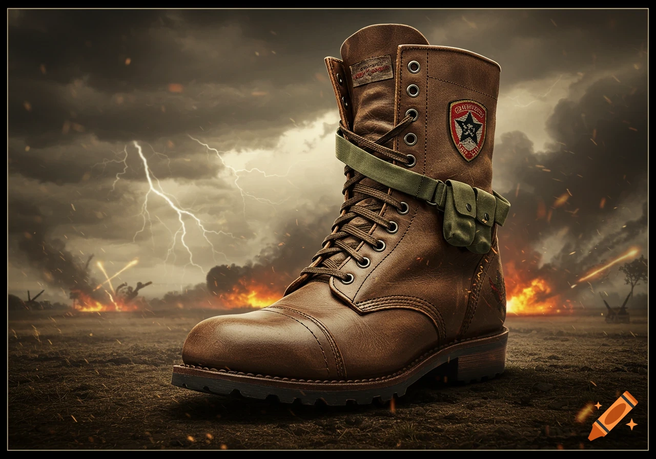 A close-up of a brown leather military boot with a patch and small attached pouch, set against a dramatic, stormy battlefield with lightning and distant explosions.