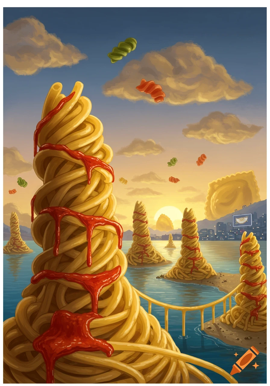 A surreal landscape with mountains of spaghetti covered in tomato sauce, fusilli pasta floating in the sky, and a city at sunset.