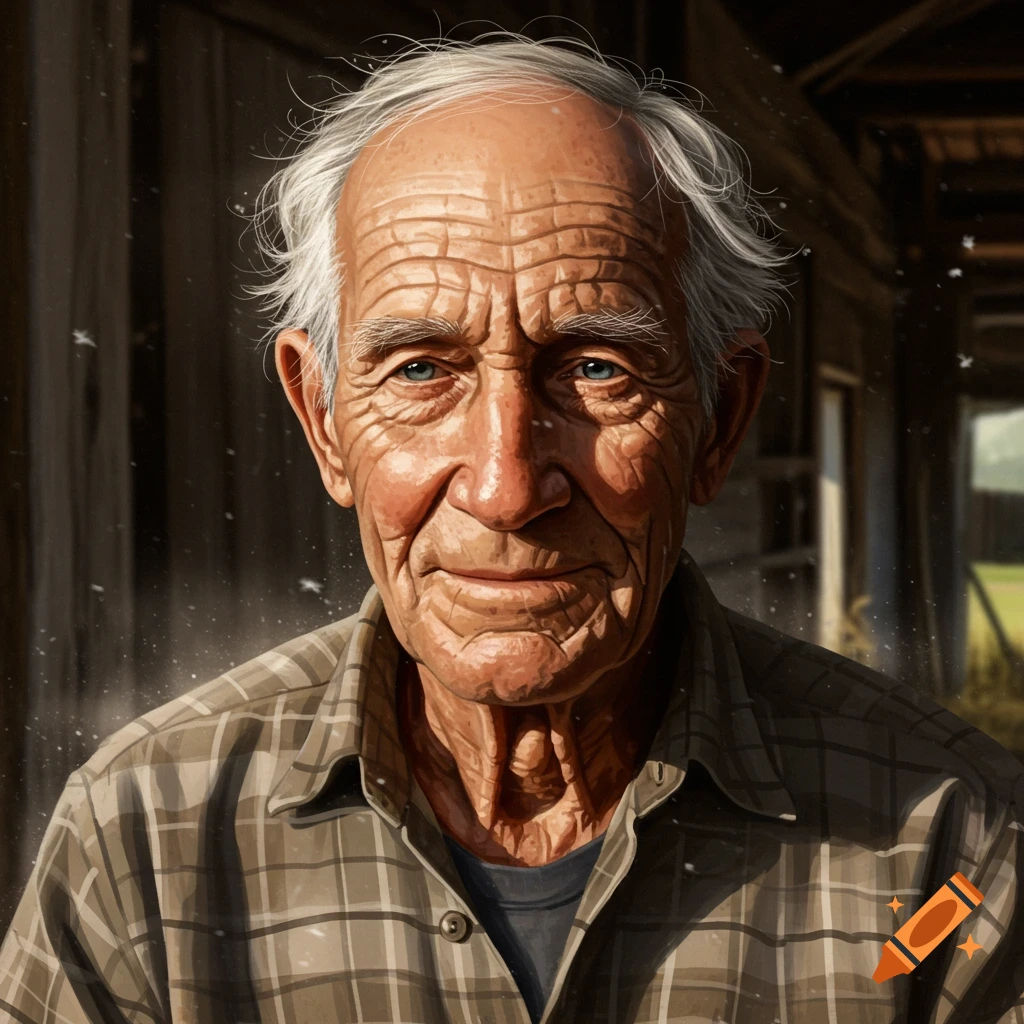 Close-up photorealistic portrait of an elderly man with white hair and wrinkles, wearing a plaid shirt.