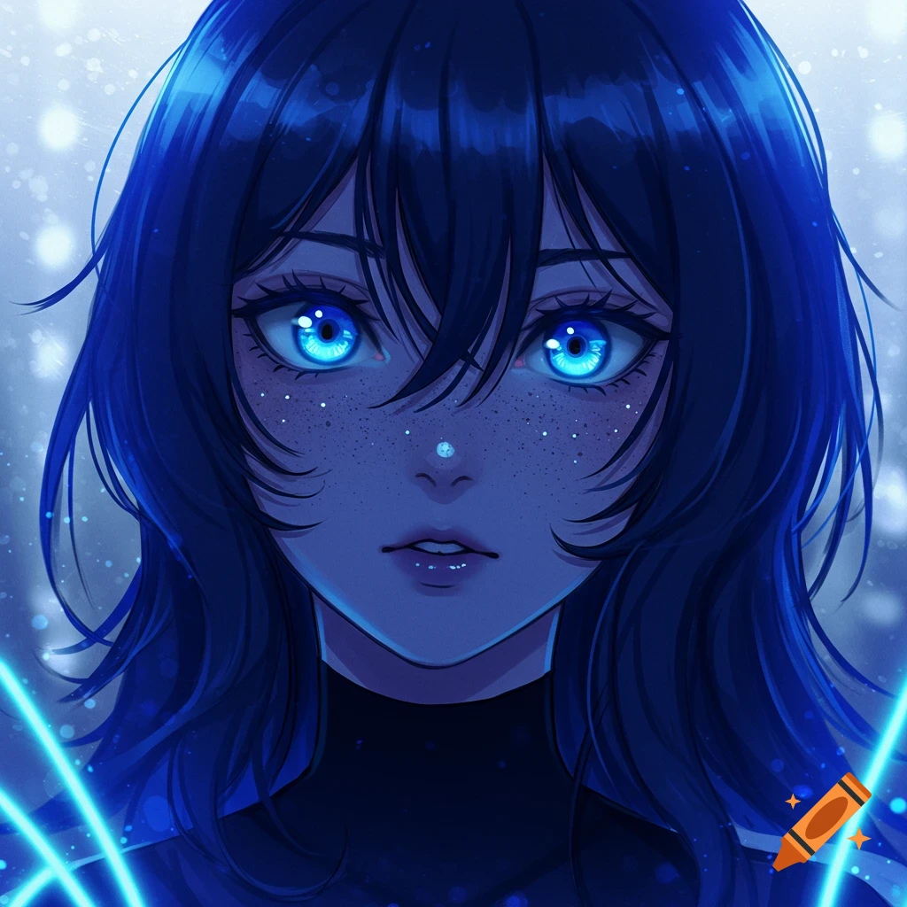 A close-up anime portrait of a woman with dark blue hair and bright glowing blue eyes, light freckles, against a sparkling blue background.