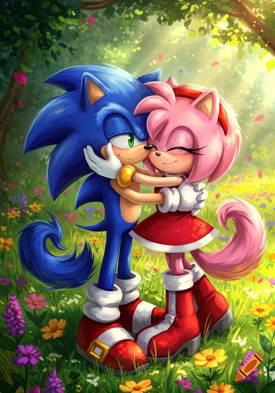 Sonic and Amy Rose cuddle affectionately in a vibrant, sunlit field filled with colorful flowers, depicted in an anime art style.