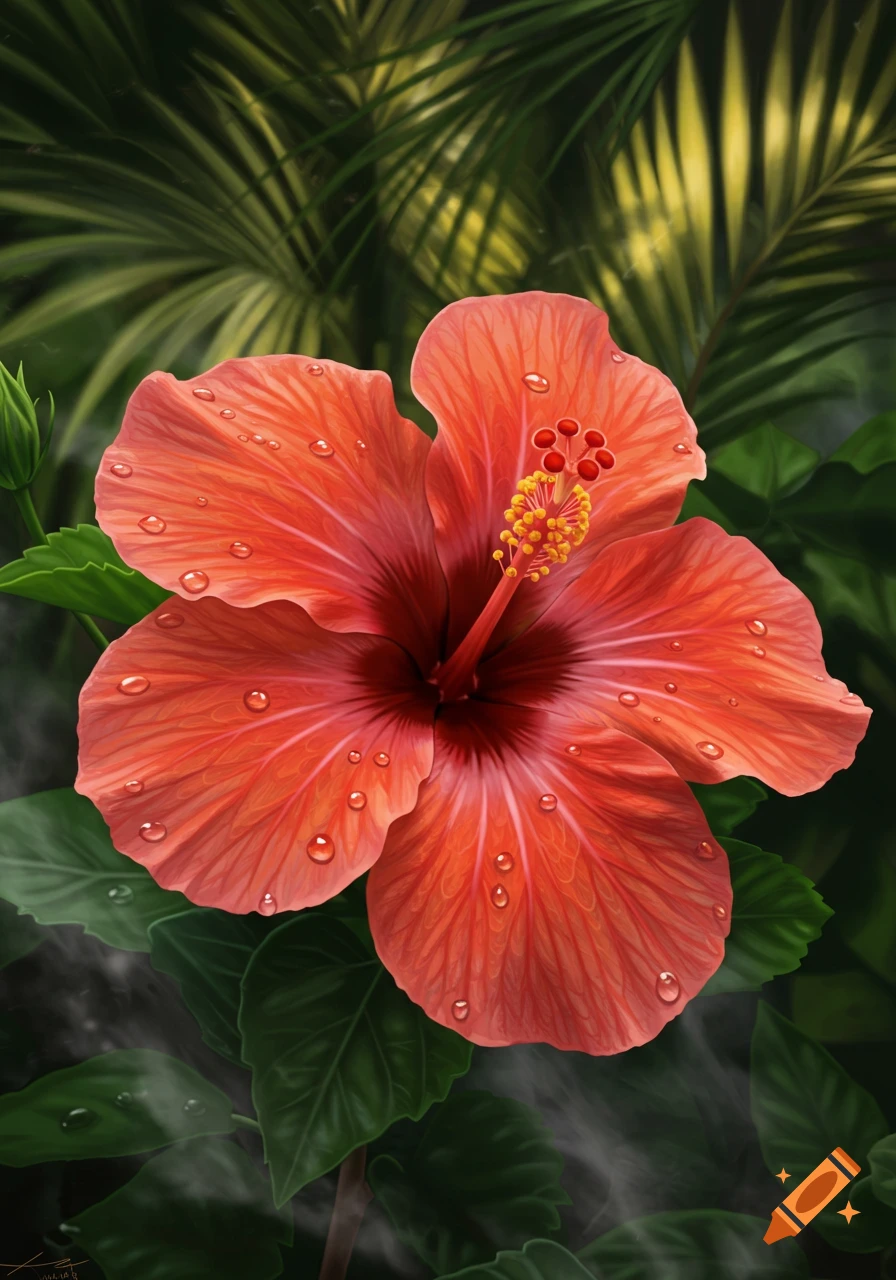 Vibrant red hibiscus flower covered in water droplets with a lush green foliage background.