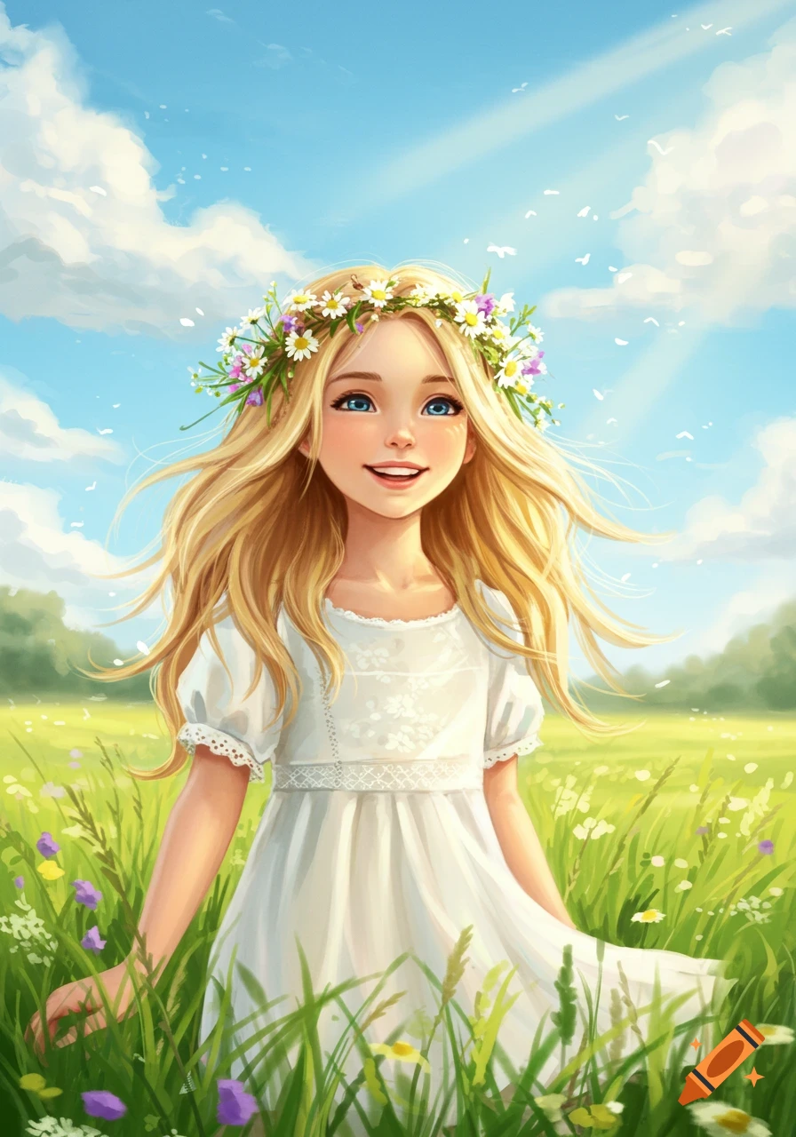 A smiling blonde girl with a flower crown stands in a sunny green field under a blue sky.