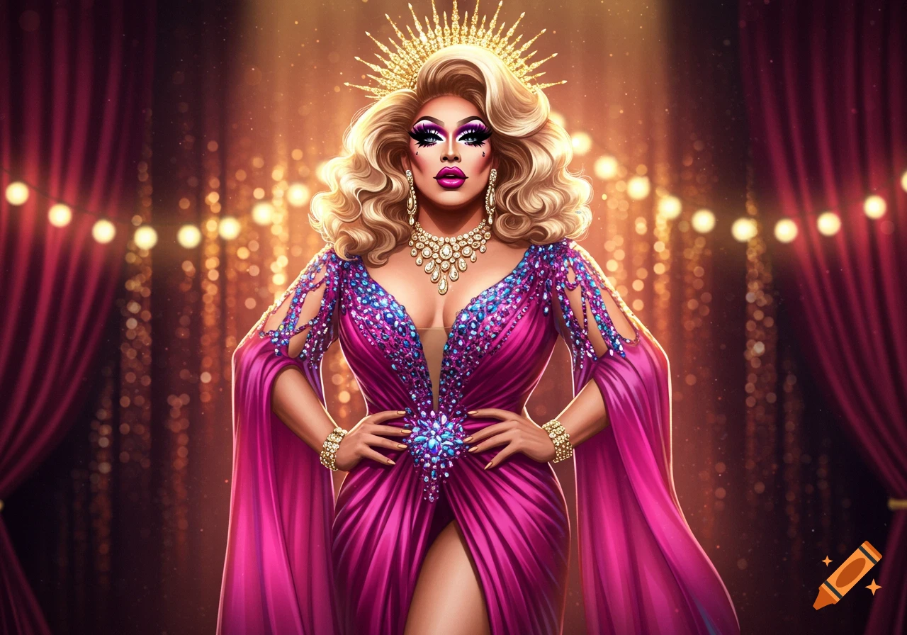 A glamorous drag queen in a sparkling magenta gown and a golden crown stands on a stage with red curtains and twinkling lights.