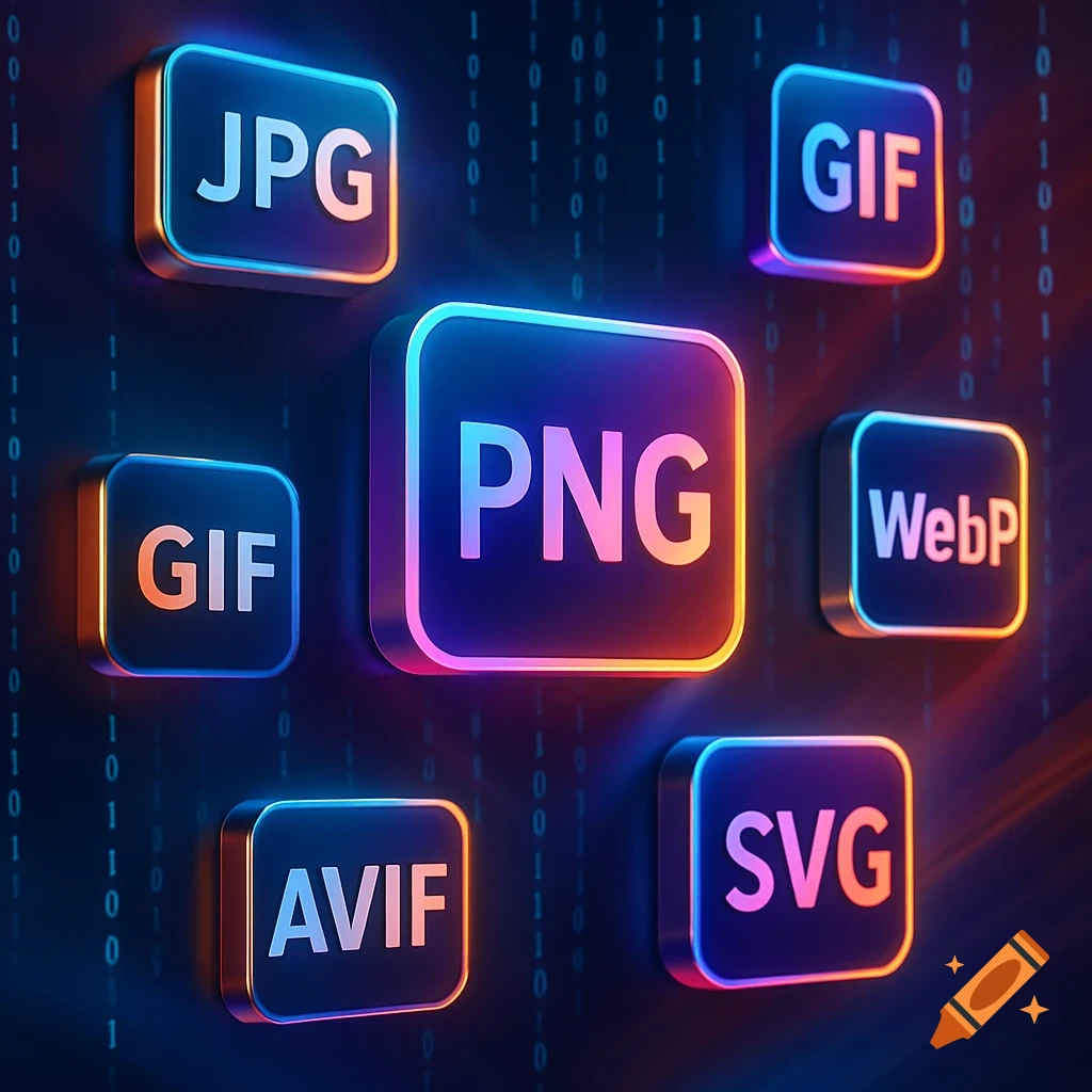 Glowing 3D icons for JPG, PNG, GIF, WebP, AVIF, SVG file formats on a dark digital background.