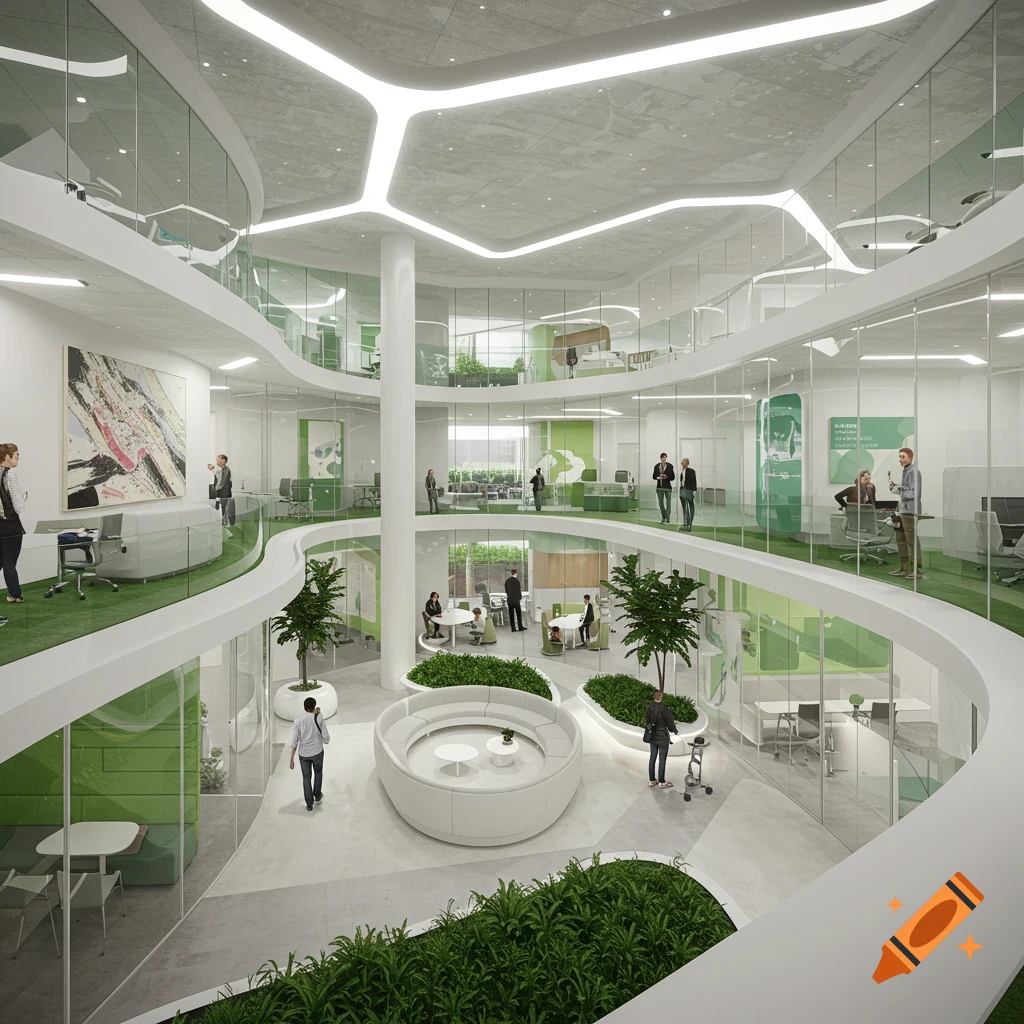 A multi-level, modern office building with a central atrium, featuring green carpets, white curved walls, glass partitions, and people working.