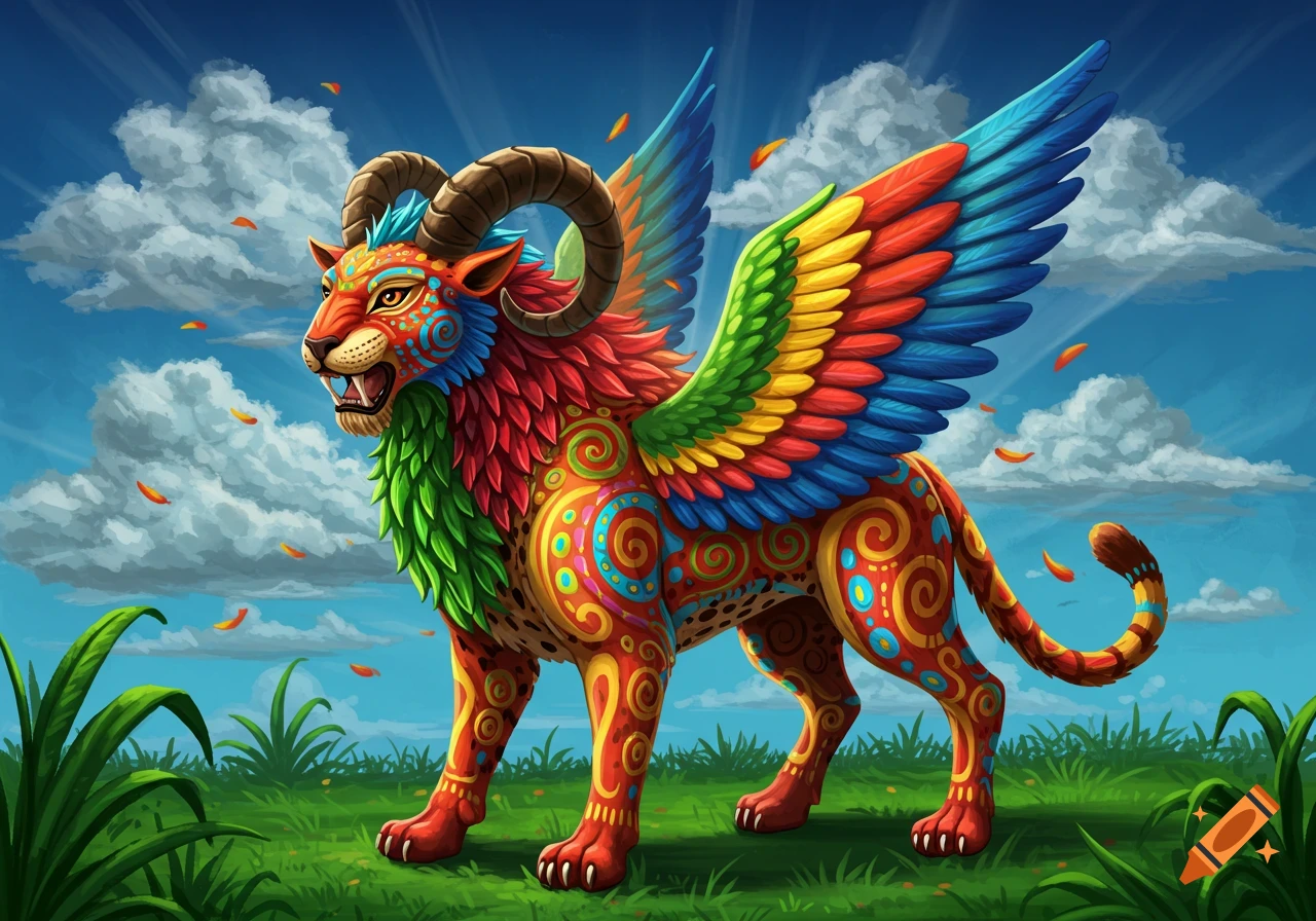 A vibrantly colorful alebrije creature with a jaguar's body, ram horns, and rainbow wings, in Mexican folk art style, stands in a grassy field under a blue sky.