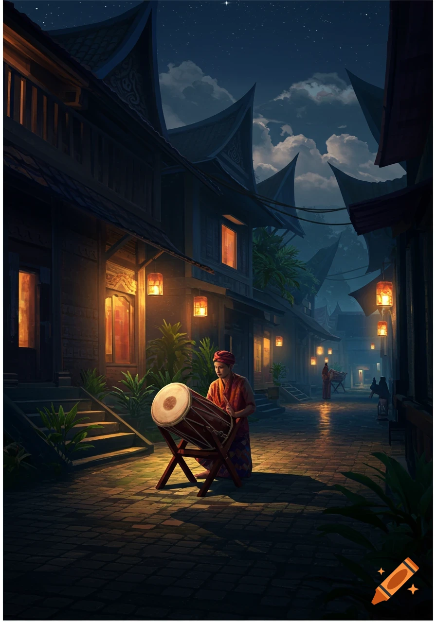 A man plays a large drum on a cobblestone street in a traditional village illuminated by lanterns at night.