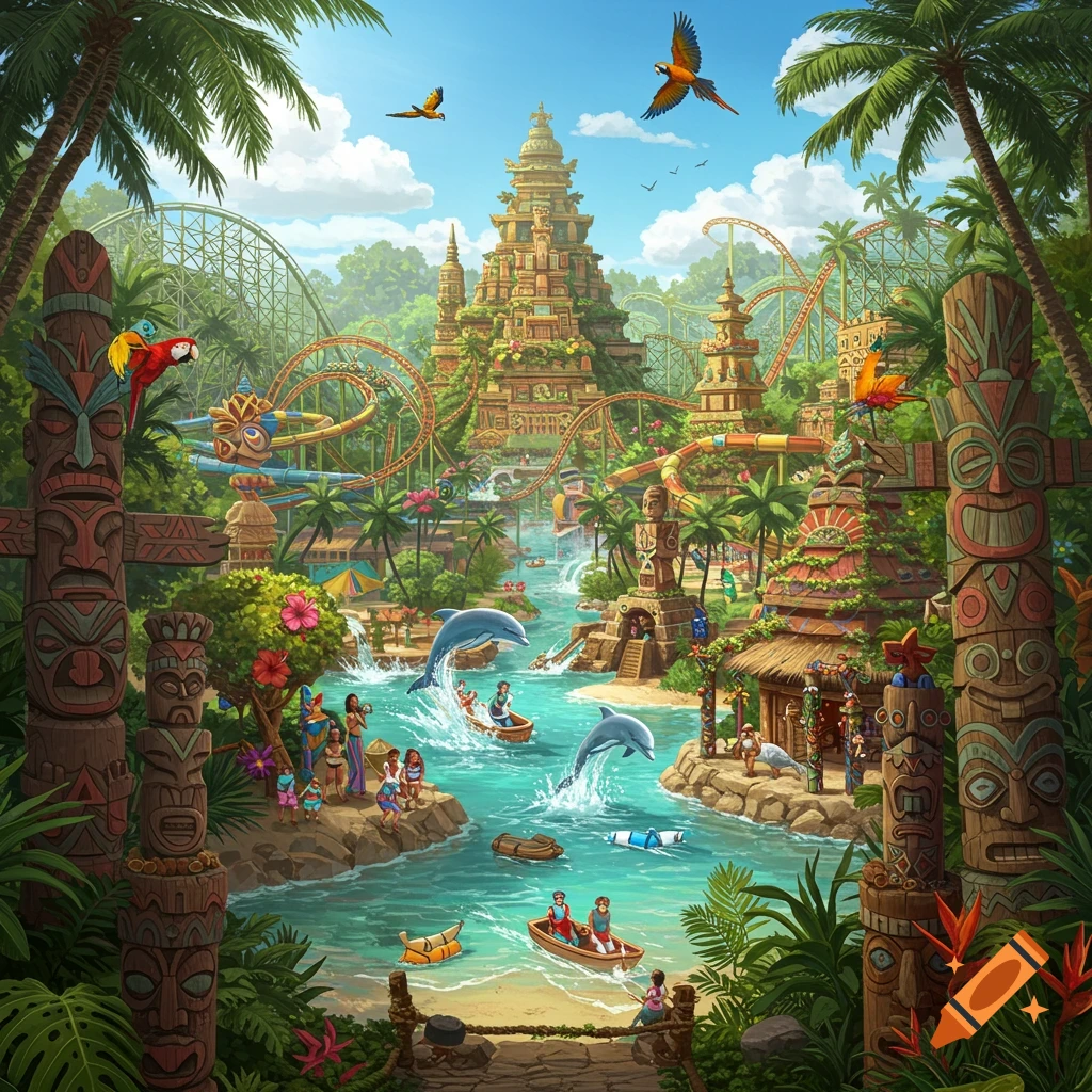 Vibrant, detailed illustration of a tropical theme park with ancient-style temples, rollercoasters, water slides, people in boats, and dolphins jumping in a river, surrounded by lush jungle.