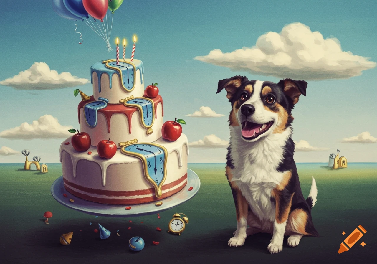 A happy tricolor dog sits beside a three-tiered birthday cake decorated with melting clocks, apples, and candles, under balloons in a surreal landscape.
