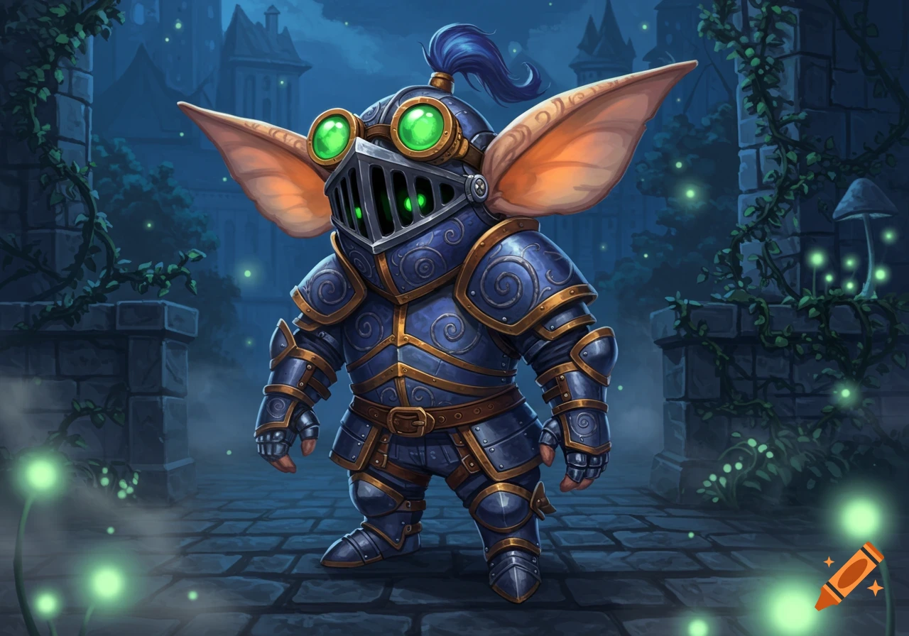 A cartoonish gremlin knight in blue and gold armor with green glowing goggles stands on a cobblestone path at night amidst glowing plants.