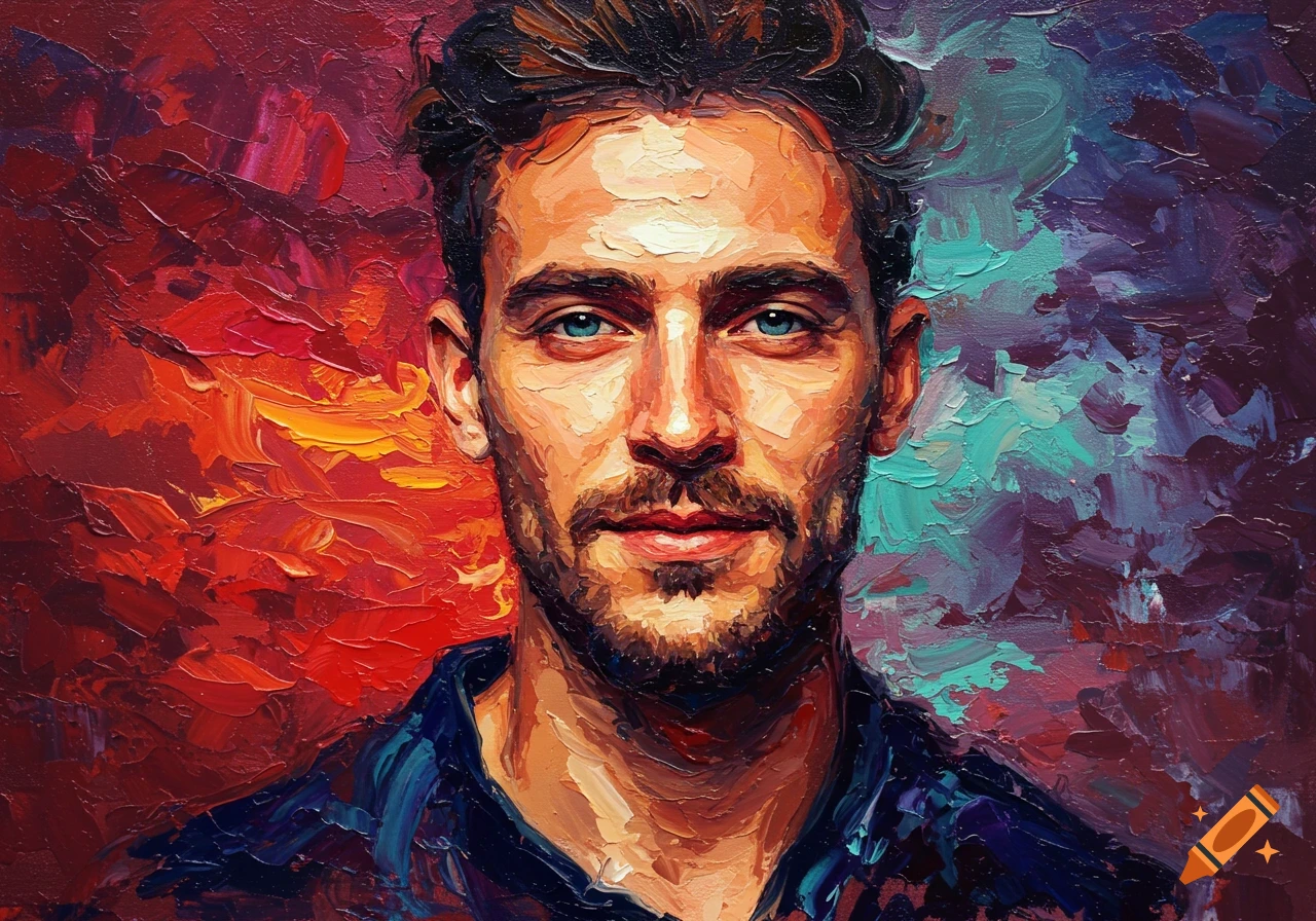 Bold impressionistic oil painting of a man's head and shoulders with vibrant, thick brushstrokes and blue eyes.