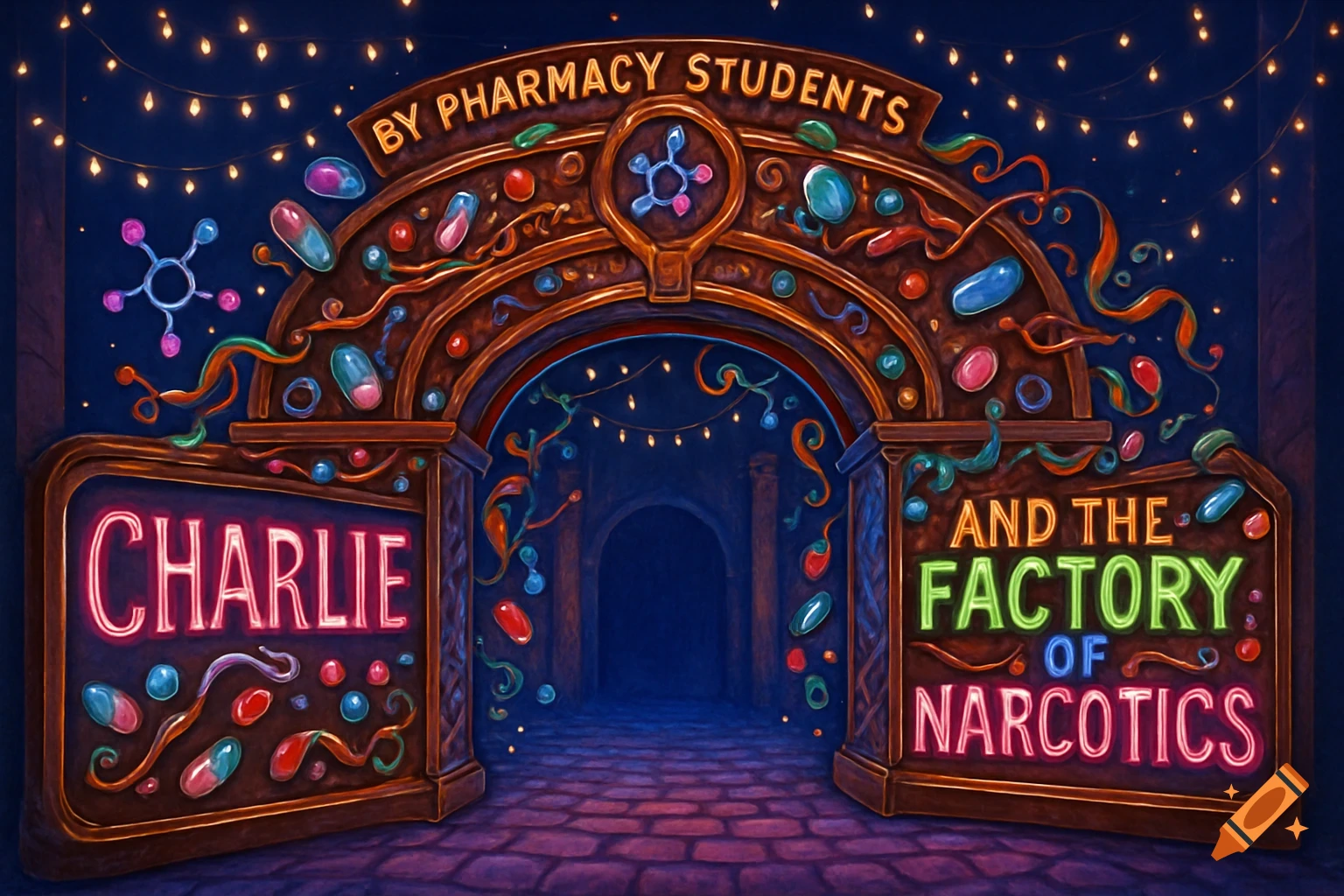 A whimsical, neon-lit archway decorated with pills and molecules, leading to a dark tunnel. Signs read 'BY PHARMACY STUDENTS', 'CHARLIE', and 'AND THE FACTORY OF NARCOTICS'.
