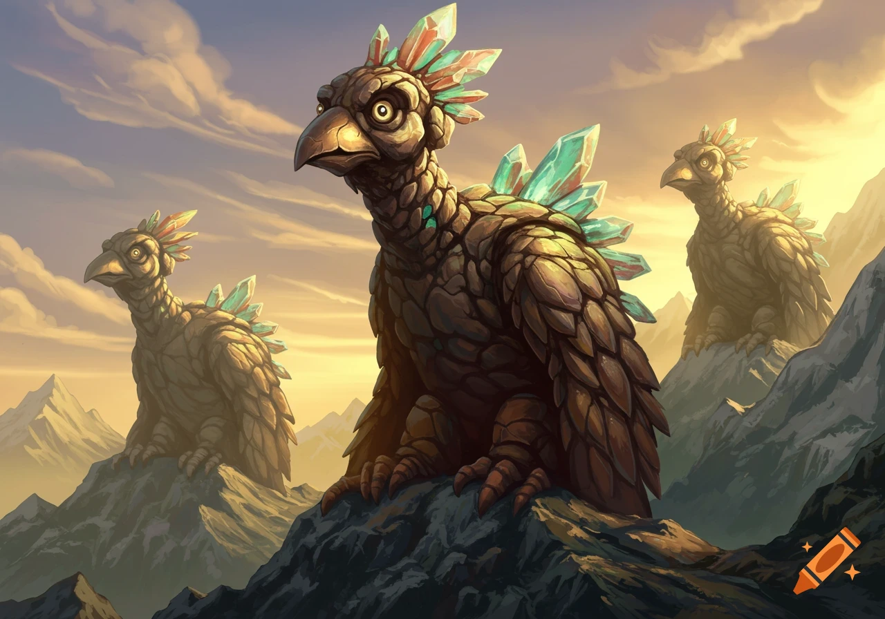 Three stylized, bird-like rock monsters with crystal spikes sit on mountain peaks under a dramatic golden sky.