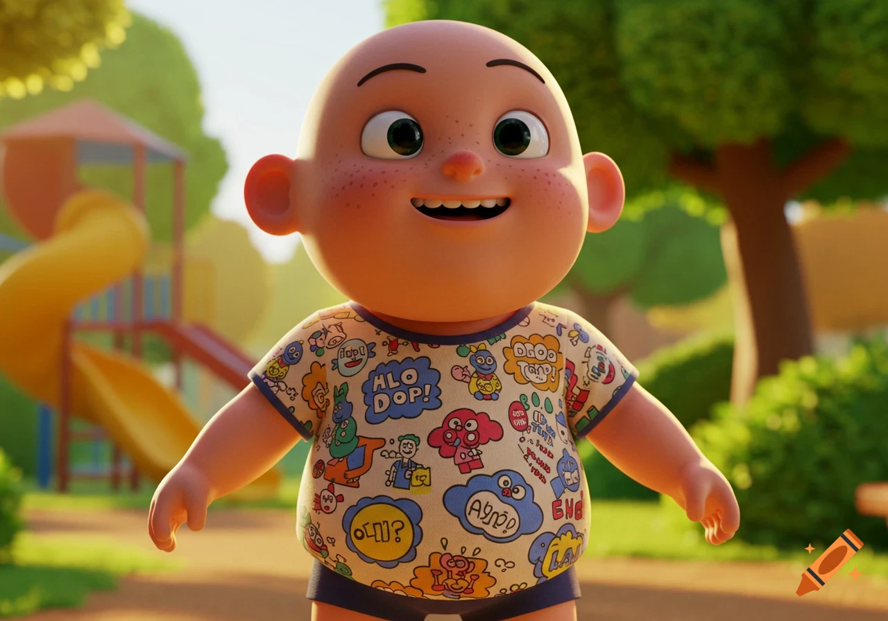 A smiling 3D cartoon baby boy with a bald head and freckles, wearing a light yellow t-shirt with colorful abstract patterns and gibberish text, standing in a sunny park with a playground in the background.