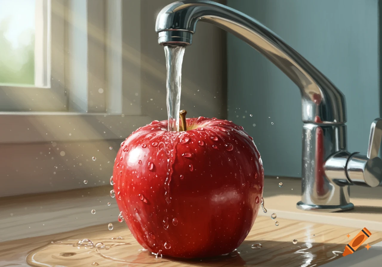 A photorealistic image of a bright red apple under running water from a kitchen faucet, splashing onto a wooden surface with sunlight.