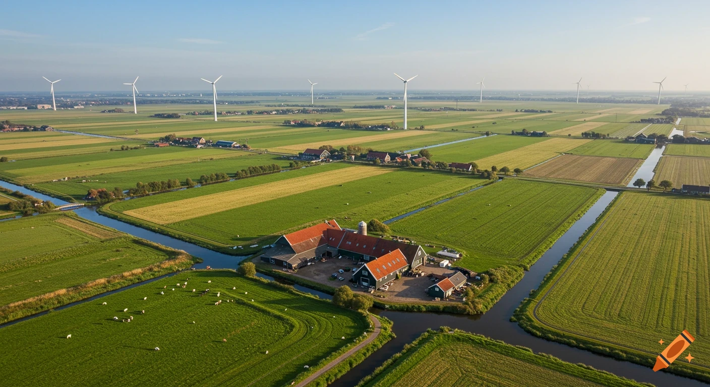 Aerial view of a Dutch rural landscape with farms, canals, green fields, and numerous wind turbines under a clear sky.