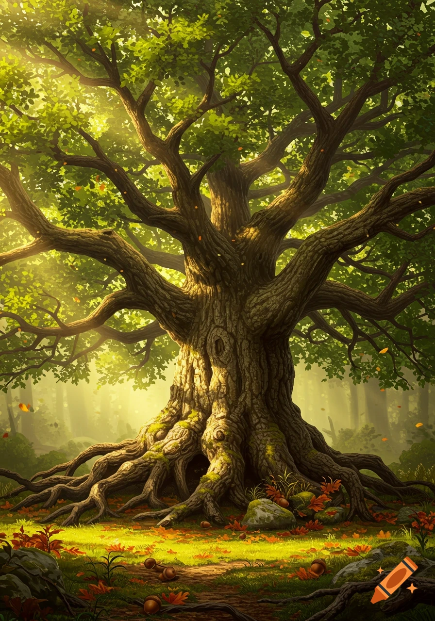 A grand, ancient oak tree with thick roots and branches in a sunlit, misty forest, surrounded by fallen leaves.