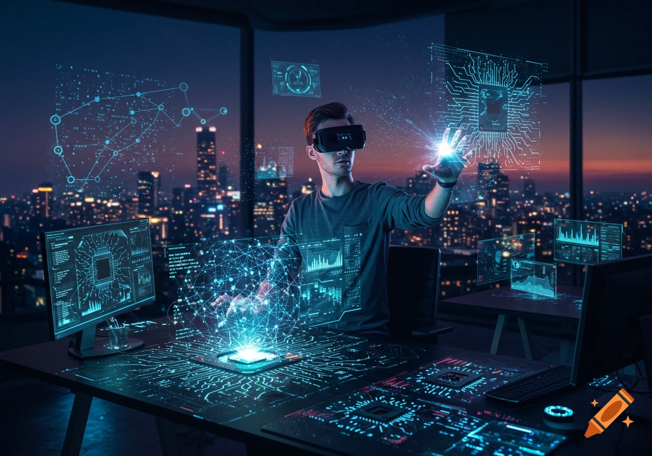 Man in VR headset interacting with glowing holographic data and circuit board displays in a futuristic office overlooking a city at dusk.