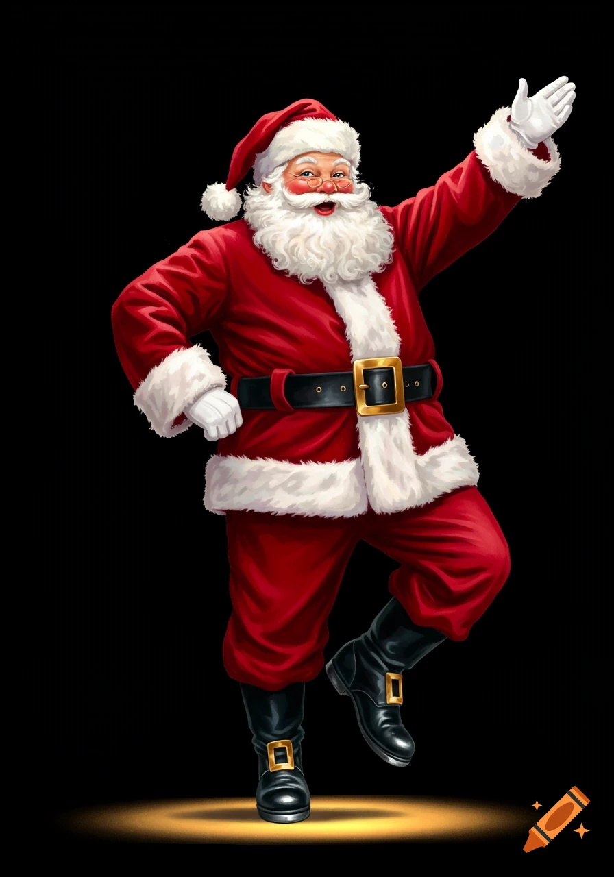 Illustration of Santa Claus in a red suit and white beard, smiling and dancing with one leg lifted, under a spotlight on a black background.