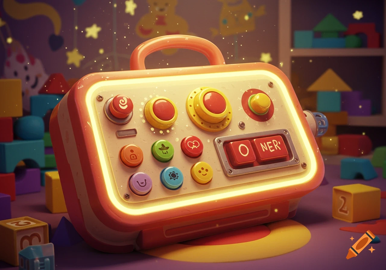 A glowing, vibrant toy device with numerous colorful buttons and dials sits amidst colorful building blocks in a softly lit child's playroom.