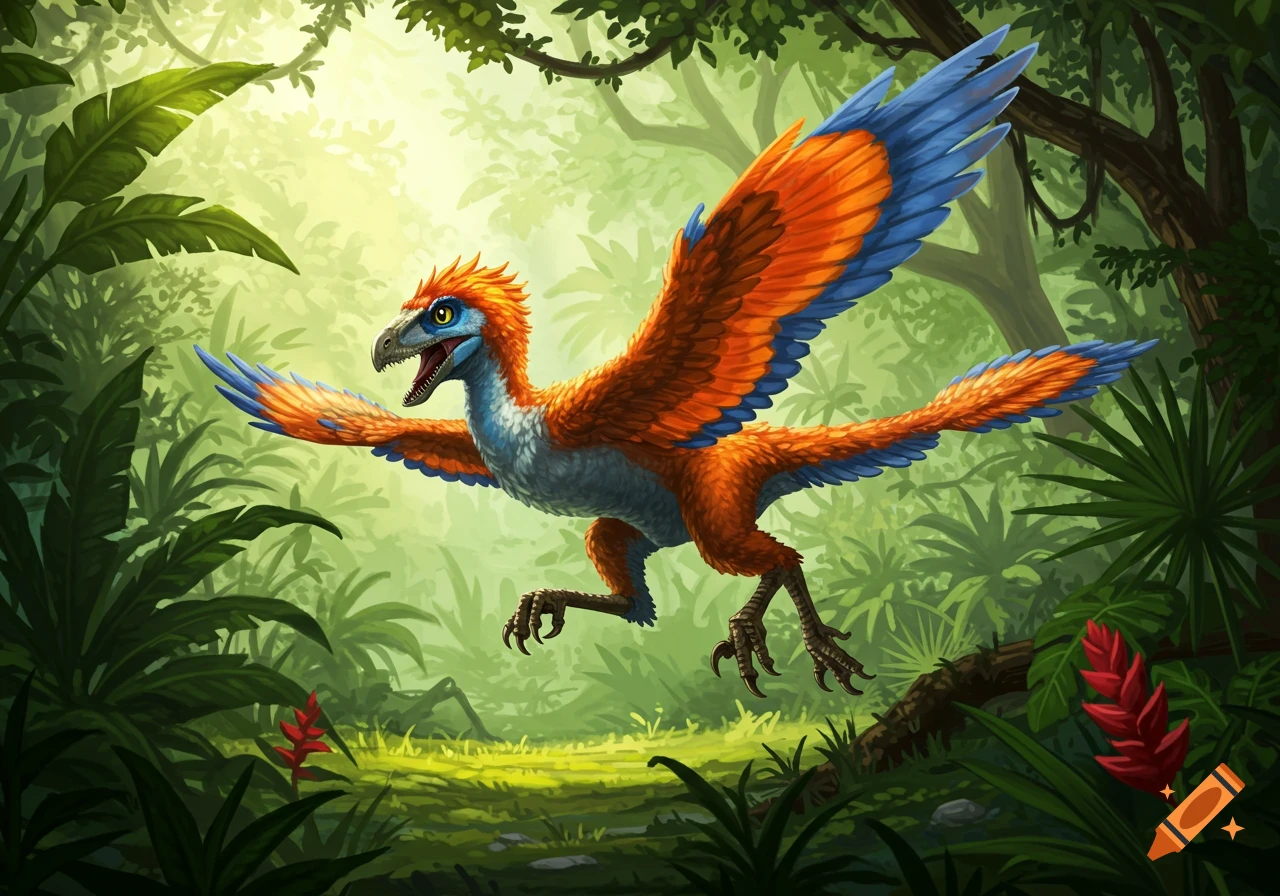 A vibrant, feathered dinosaur with orange and blue wings flies through a lush green jungle.