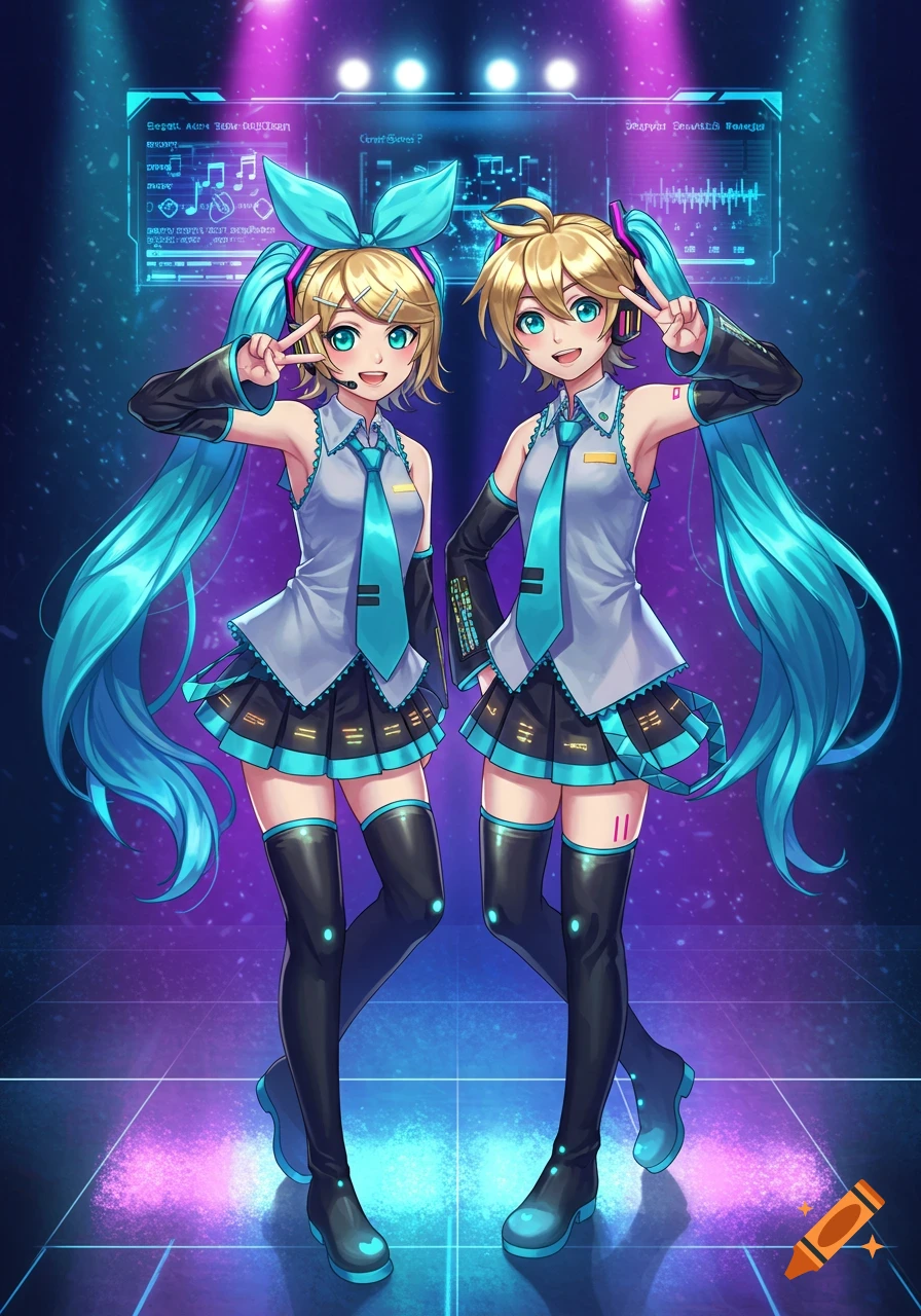 Anime characters Kagamine Rin and Len cosplay as Hatsune Miku on a vibrant stage with digital screens.