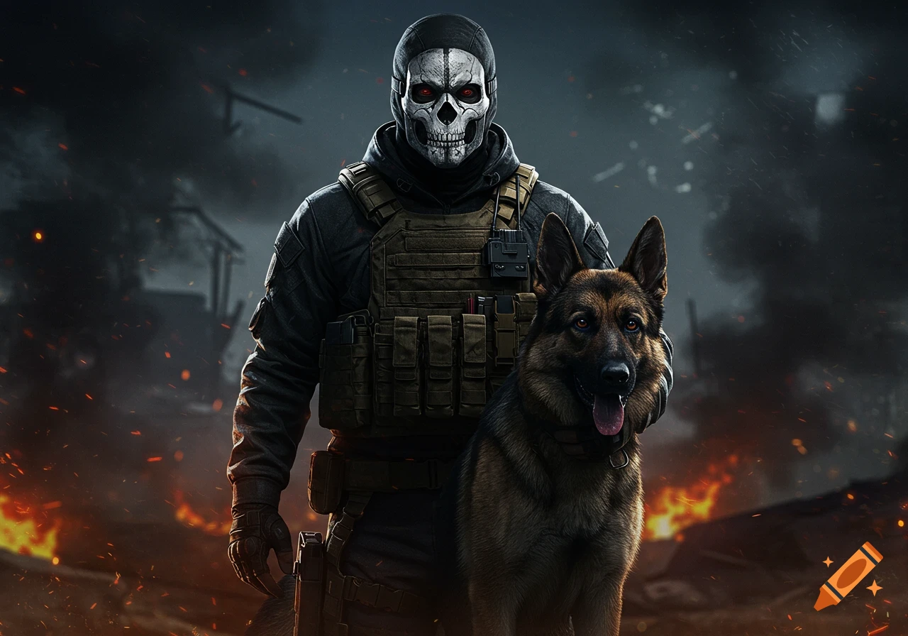 Masked soldier Ghost and a German Shepherd stand heroically in a fiery, war-torn landscape, photorealistic.