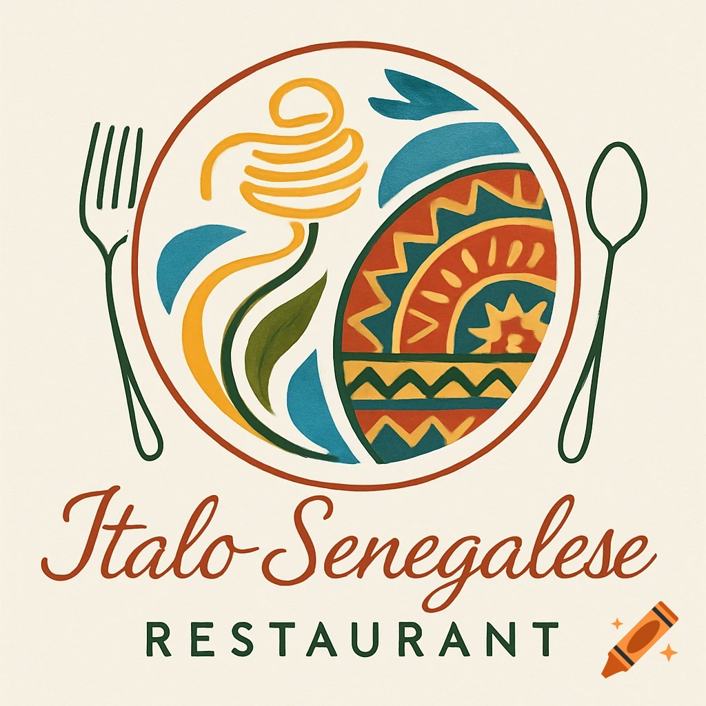 An illustrated logo for an Italo-Senegalese restaurant featuring a plate with abstract pasta and African-inspired patterns, a fork, a spoon, and text.