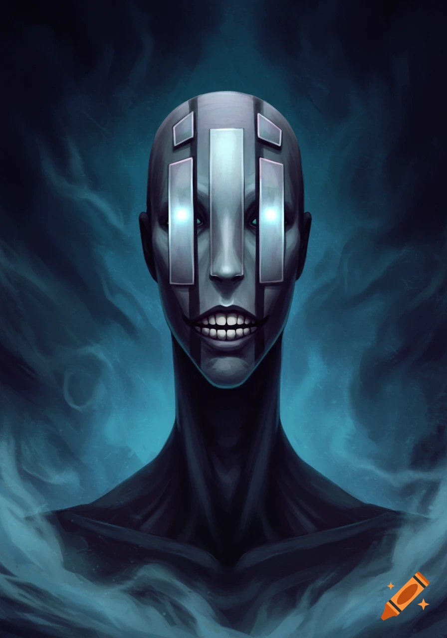 A pale, bald humanoid creature with glowing blue eyes, metallic face segments, and bared teeth in a dark, smoky setting. Digital art.