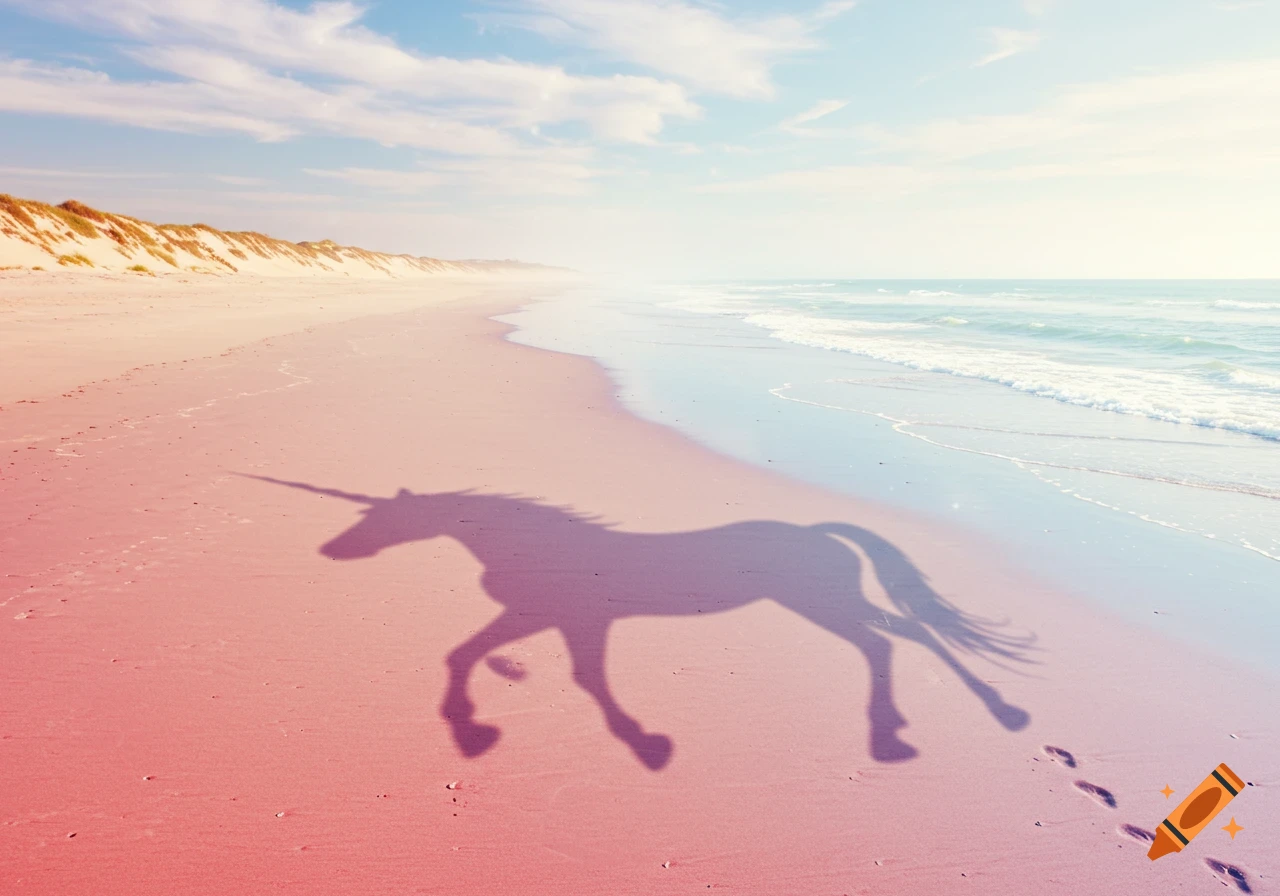 A large shadow of a unicorn trots along a pink and blue gradient beach next to the ocean under a clear sky.