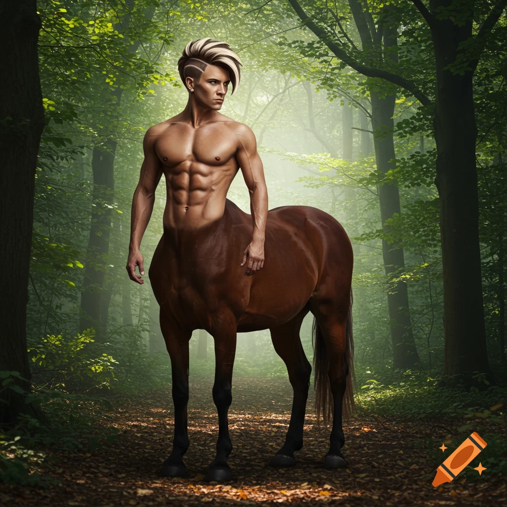 A muscular male centaur with a striped, swept-back haircut stands on a forest path with trees and light in the background.