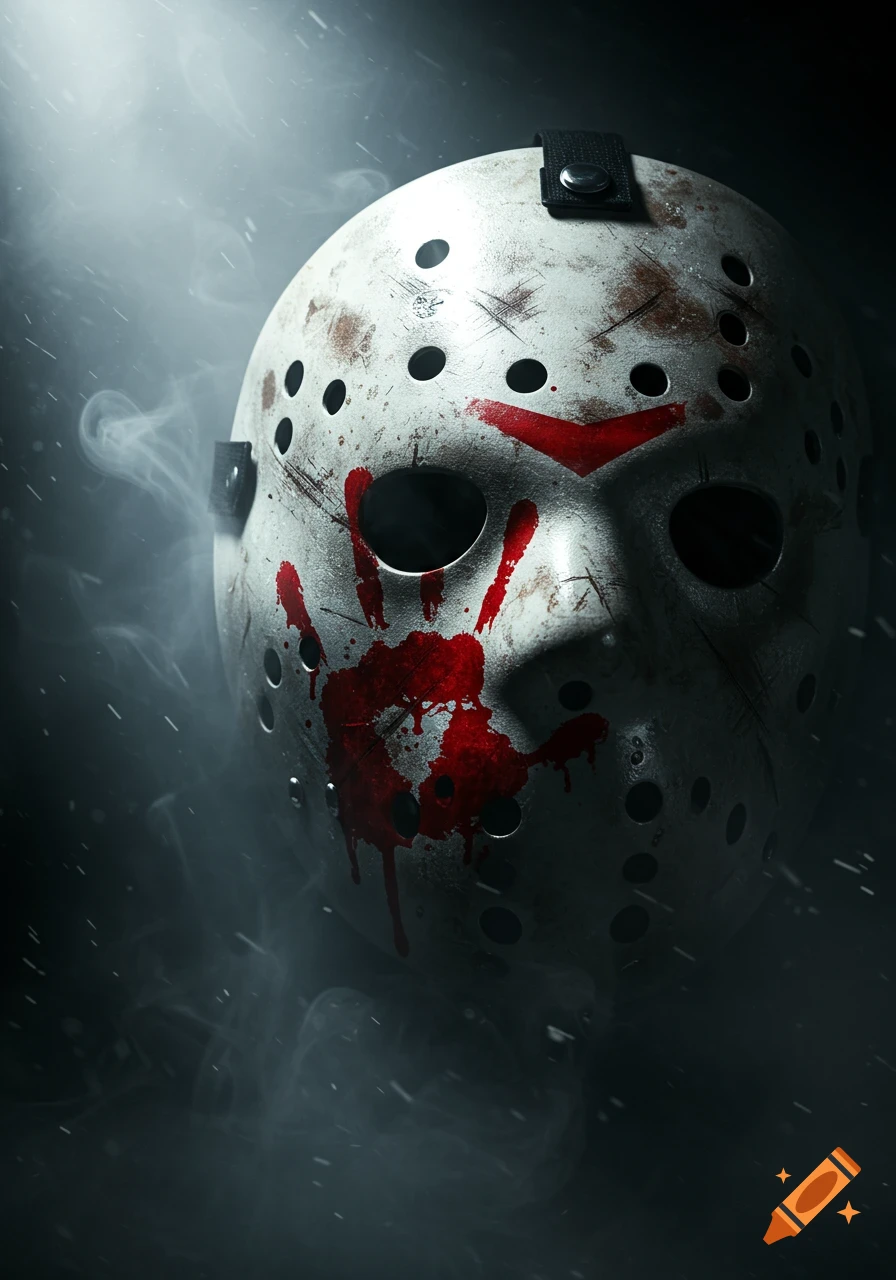 A close-up of a dirty, white hockey mask splattered with red blood, with a bloody handprint, emerging from dark smoke.