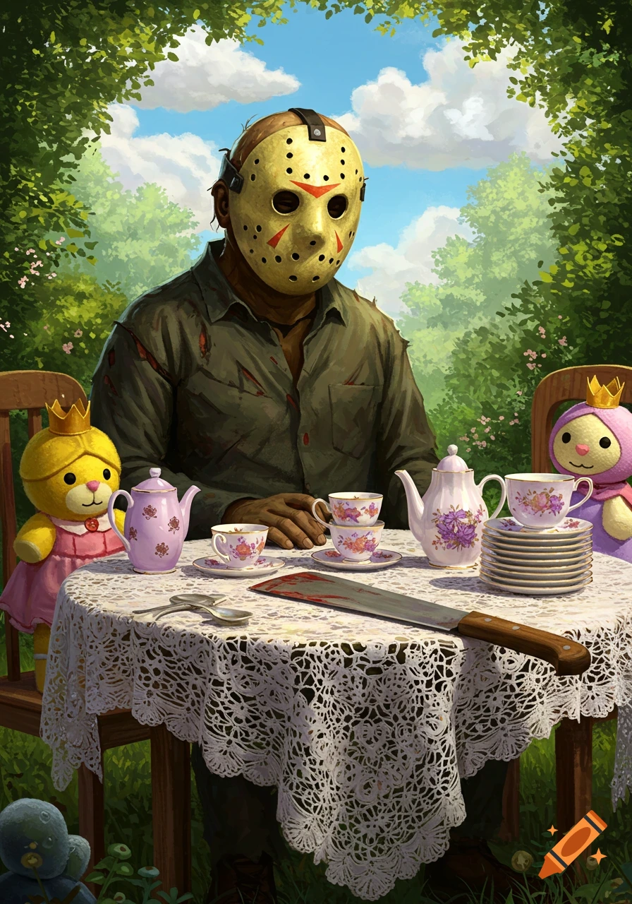 Jason Voorhees in his hockey mask sits at a princess tea party with plush dolls in a garden, a bloody machete on a lace table.